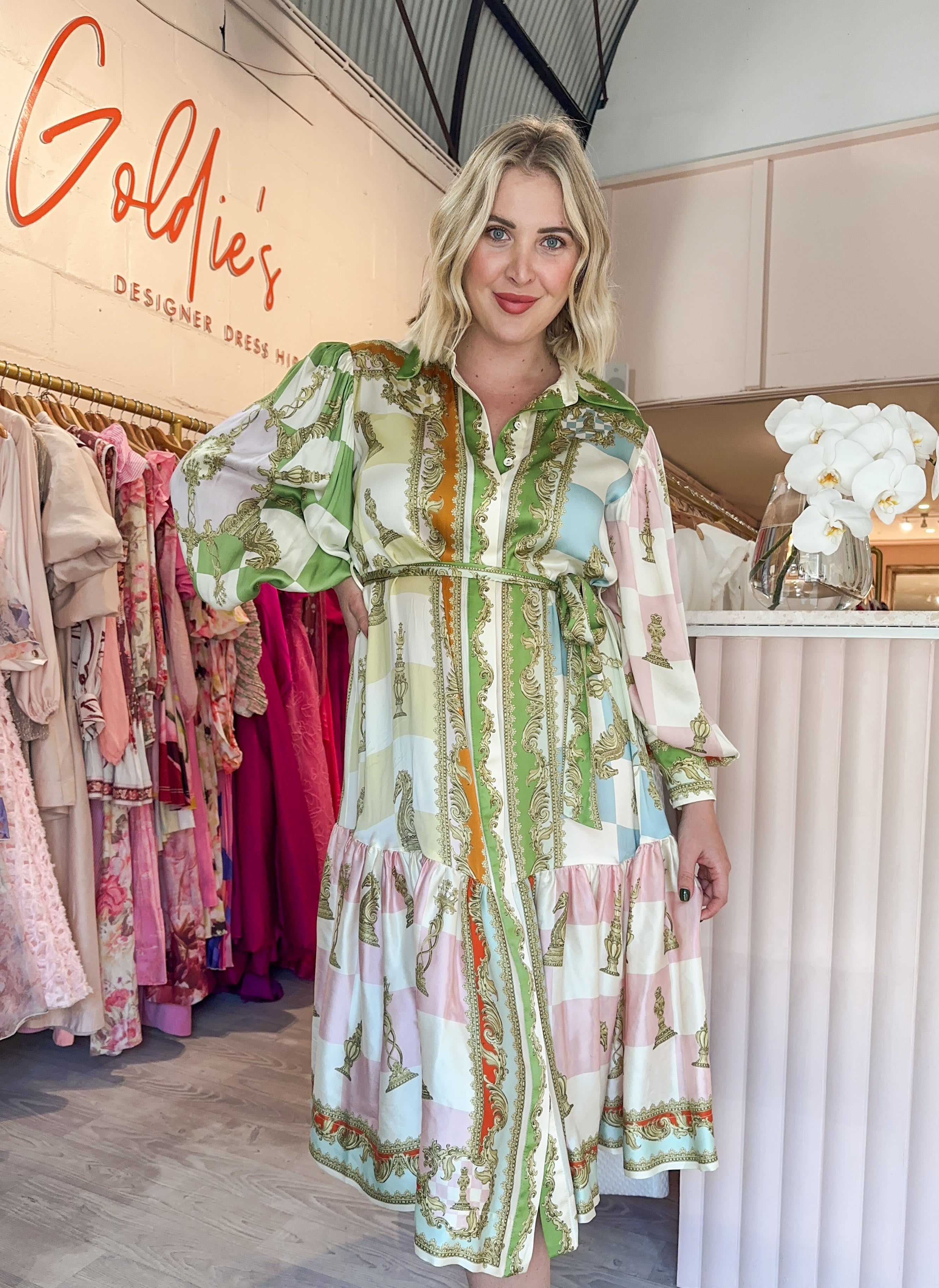 Alemais - Checkmate Printed Silk Maxi (Size 8/14) Goldie's - Designer Dress Hire Alemais - Checkmate Printed Silk Maxi (Size 8/14) Goldie's - Designer Dress Hire