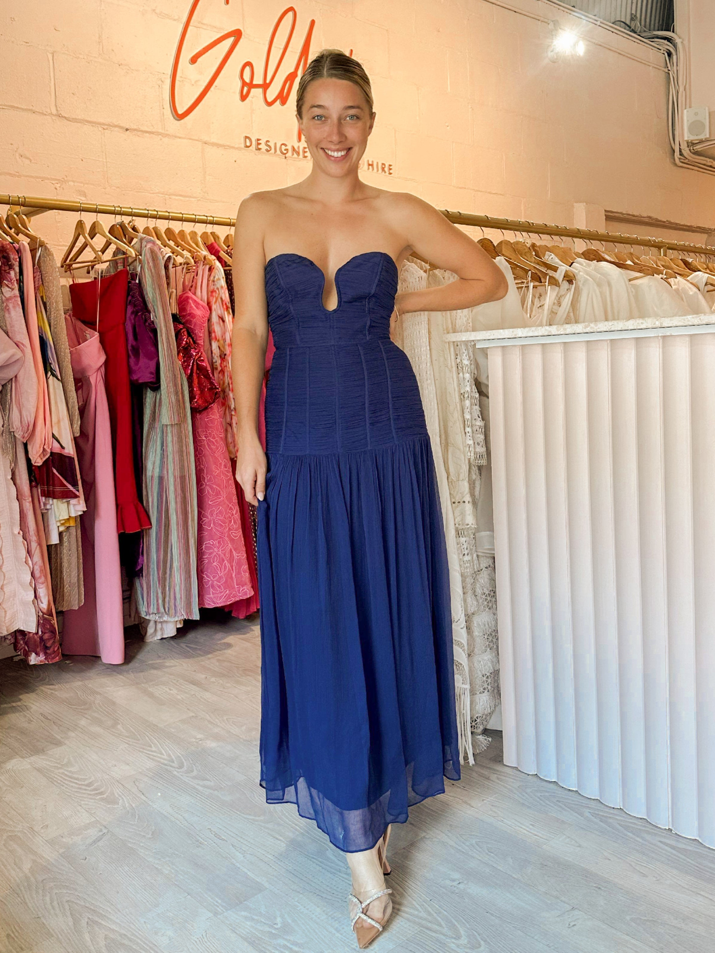 knee length dresses for ladies Shona Joy - Isola Ruches Strapless Midi in Tyrrhenian Blue (Size 10) –  Goldie's