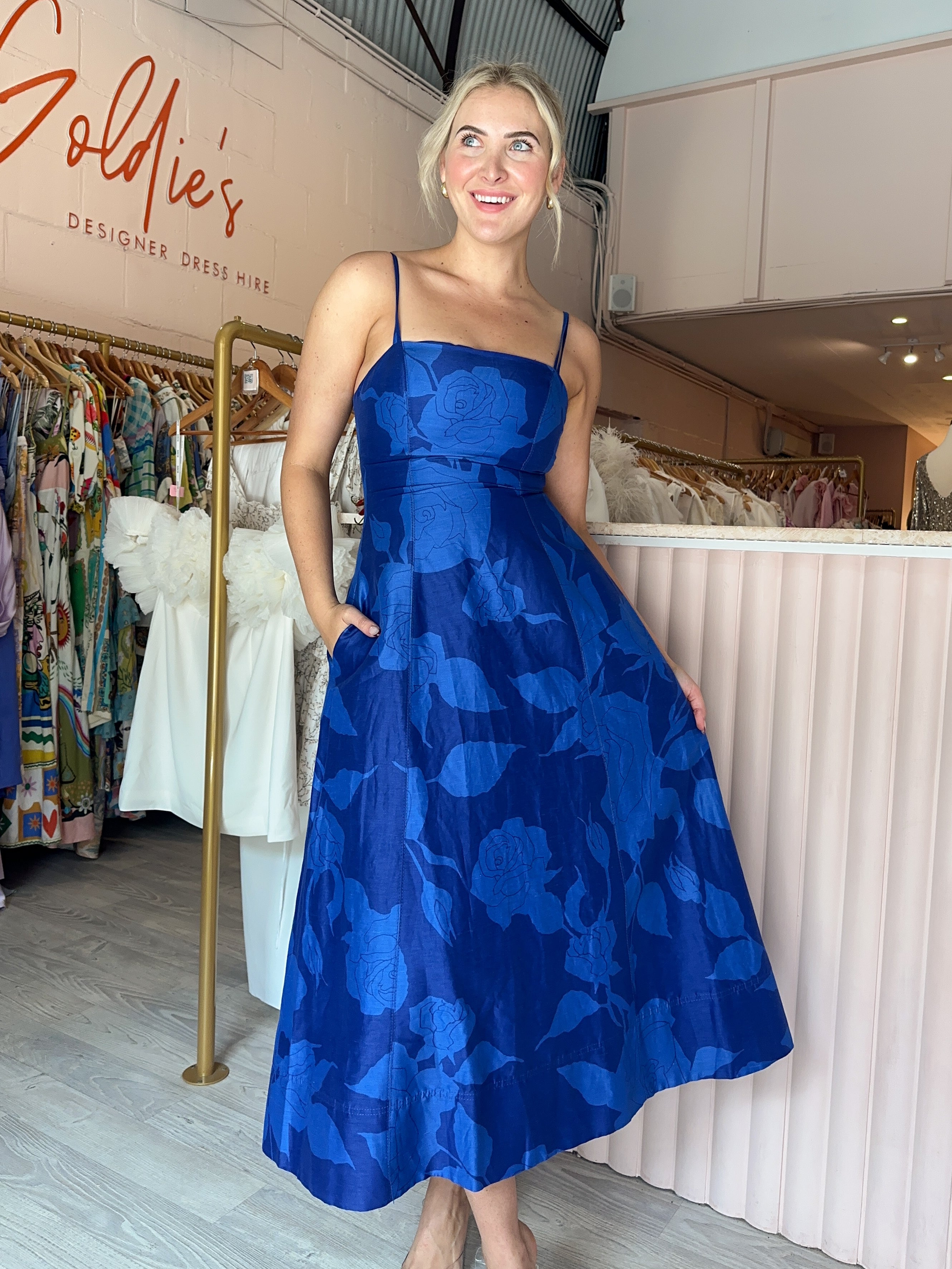 Aje - Belonging Flared Midi Dress Blue (Size 10-12) Goldie's - Designer Dress Hire Aje - Belonging Flared Midi Dress Blue (Size 10-12) Goldie's - Designer Dress Hire
