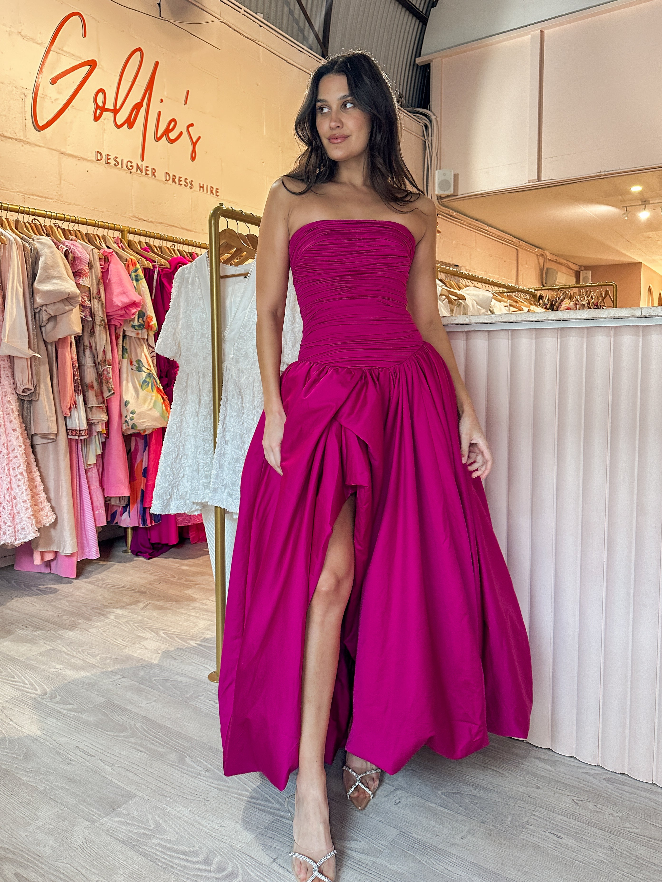 Aje - Violette Bubble Hem Maxi Dress Deep Magenta (Size 6) Goldie's - Designer Dress Hire Aje - Violette Bubble Hem Maxi Dress Deep Magenta (Size 6) Goldie's - Designer Dress Hire