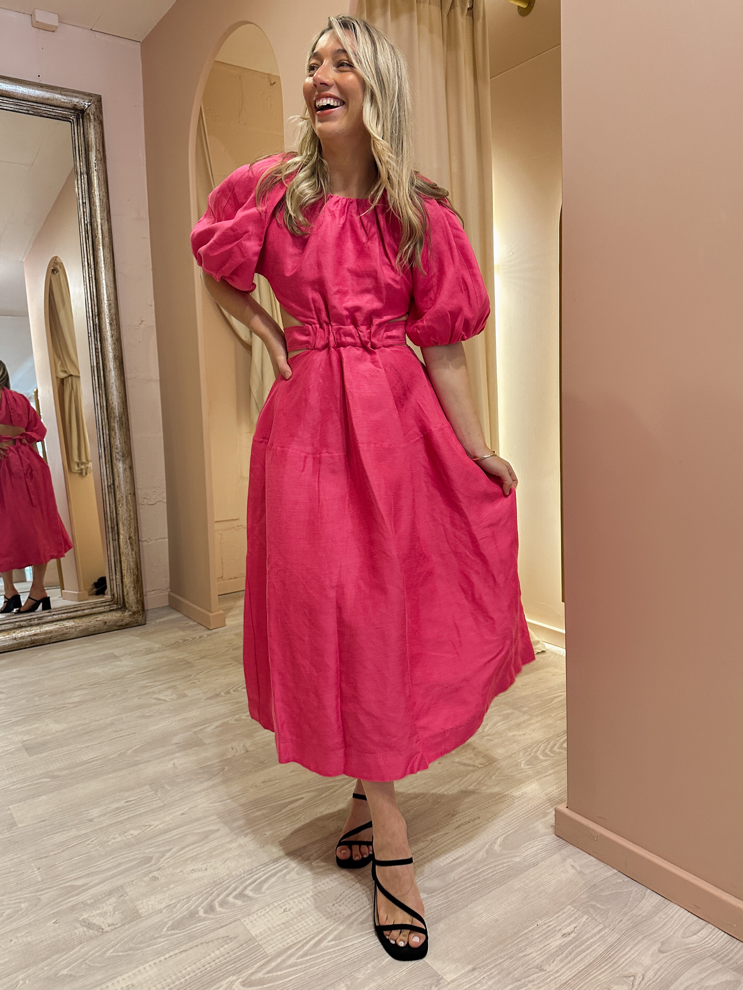 Aje - Mimosa Cut Out Midi Hot Pink (Size 8) Goldie's - Designer Dress Hire Aje - Mimosa Cut Out Midi Hot Pink (Size 8) Goldie's - Designer Dress Hire