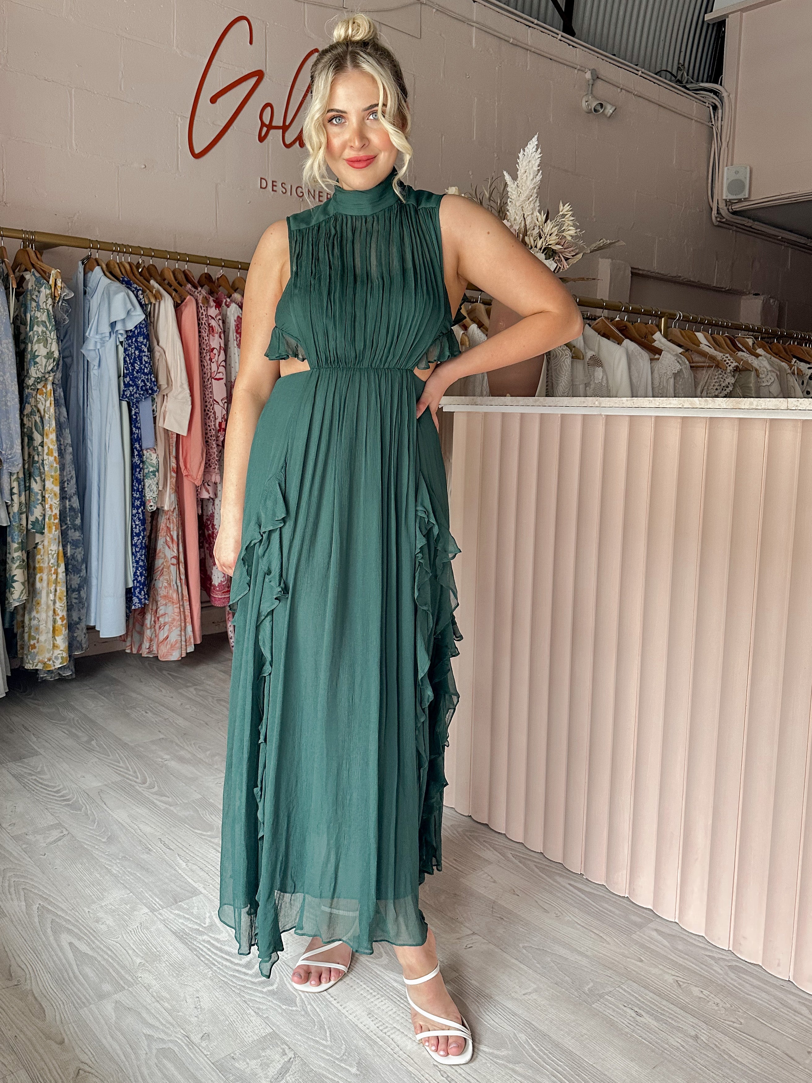 Shona Joy - Leonie Backless Frill Maxi Dress Rosemary (Size 12) Goldie's - Designer Dress Hire Shona Joy - Leonie Backless Frill Maxi Dress Rosemary (Size 12) Goldie's - Designer Dress Hire