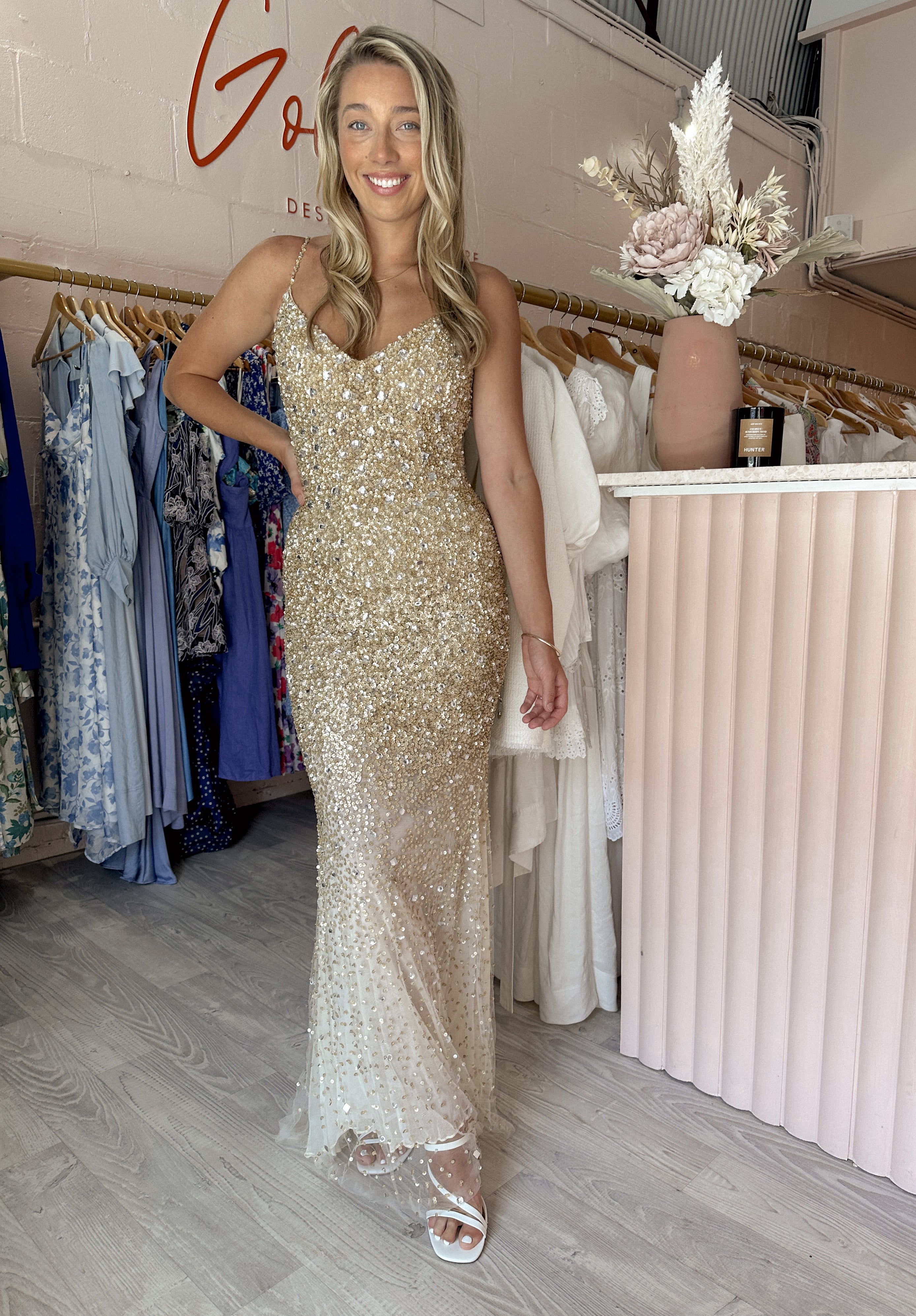 Northern Beach Boutique - Gold Sequin Gown (Size 6) – Goldie's