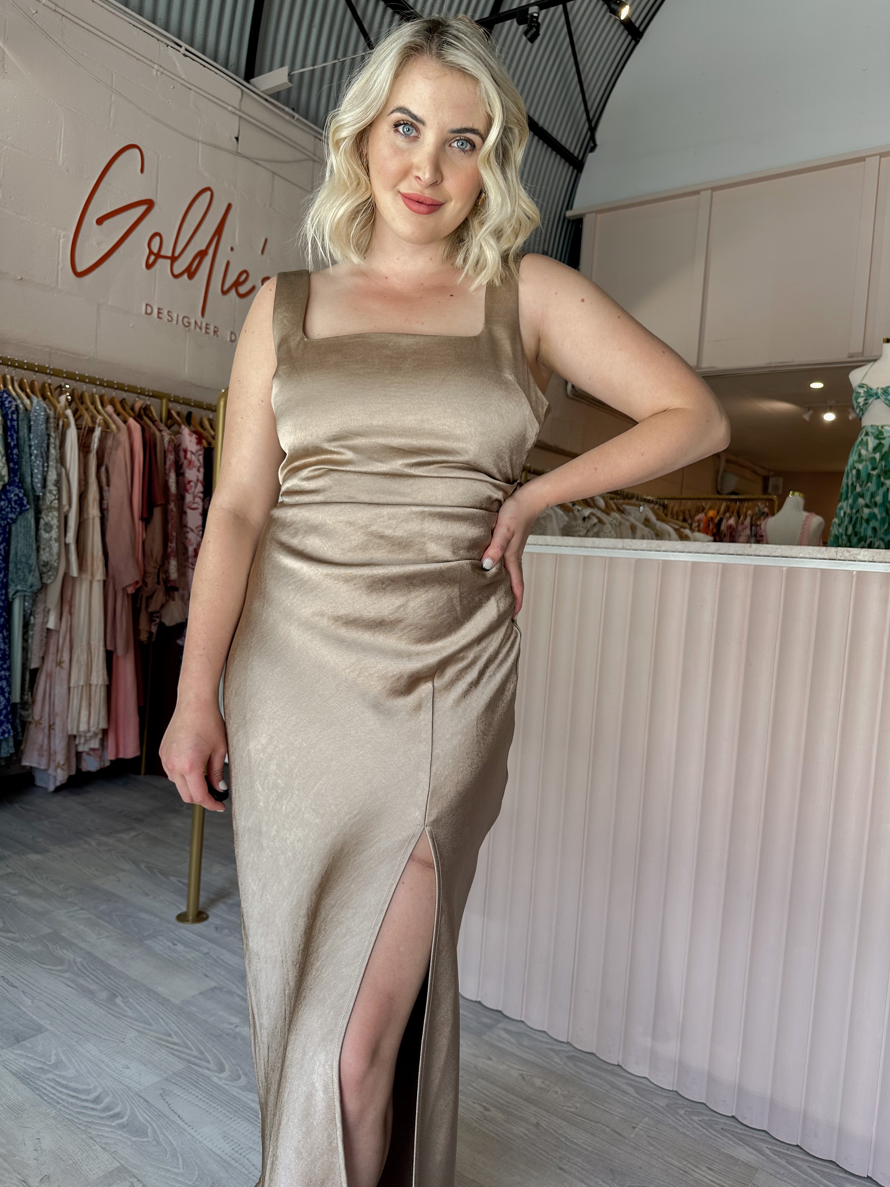 Bec and Bridge - Dreamer Square Neck Dress Golden (Size 8) Goldie's - Designer Dress Hire Bec and Bridge - Dreamer Square Neck Dress Golden (Size 8) Goldie's - Designer Dress Hire