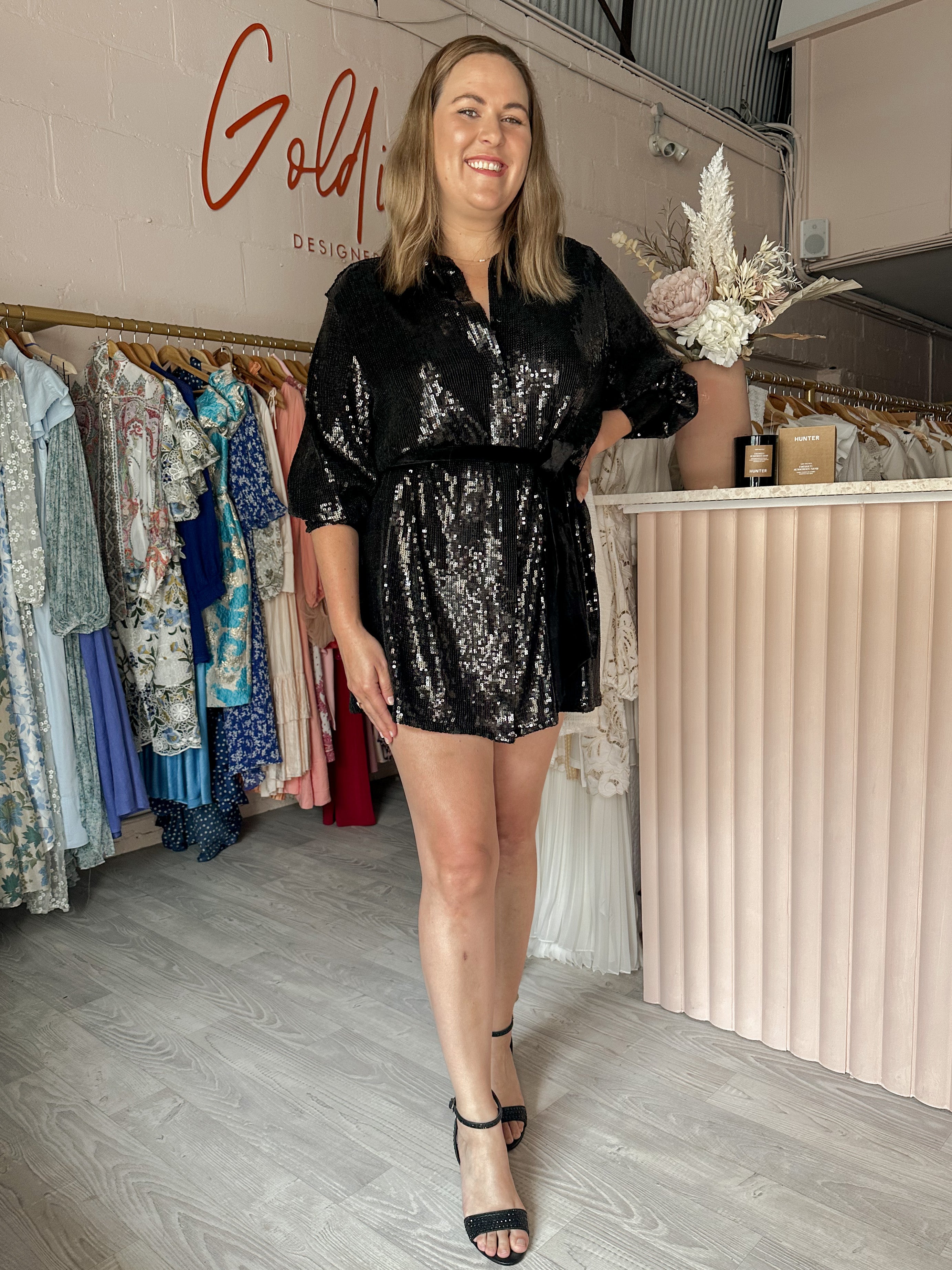 fitted lace wedding dress Sheike - Sequin Black Shirt Dress (Size 14/16) – Goldie's