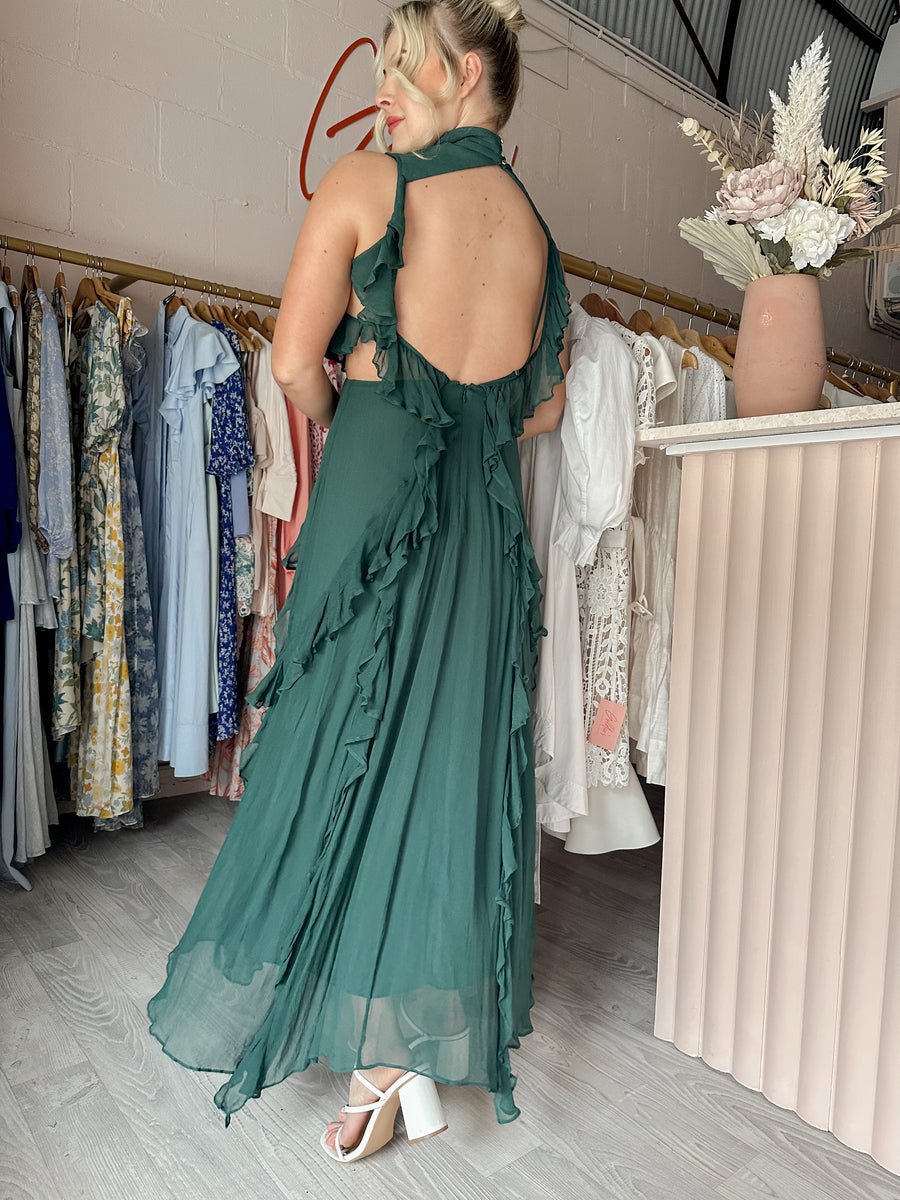 Shona Joy Leonie Backless Frill Maxi Dress Rosemary Size 12