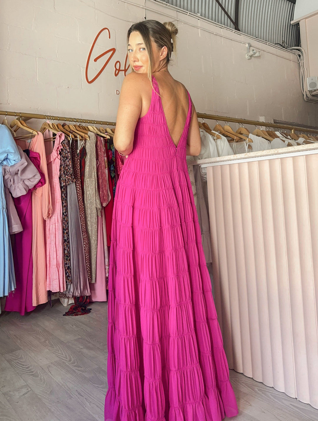 aje pink long dress Catalyst Pleated Midi Dress