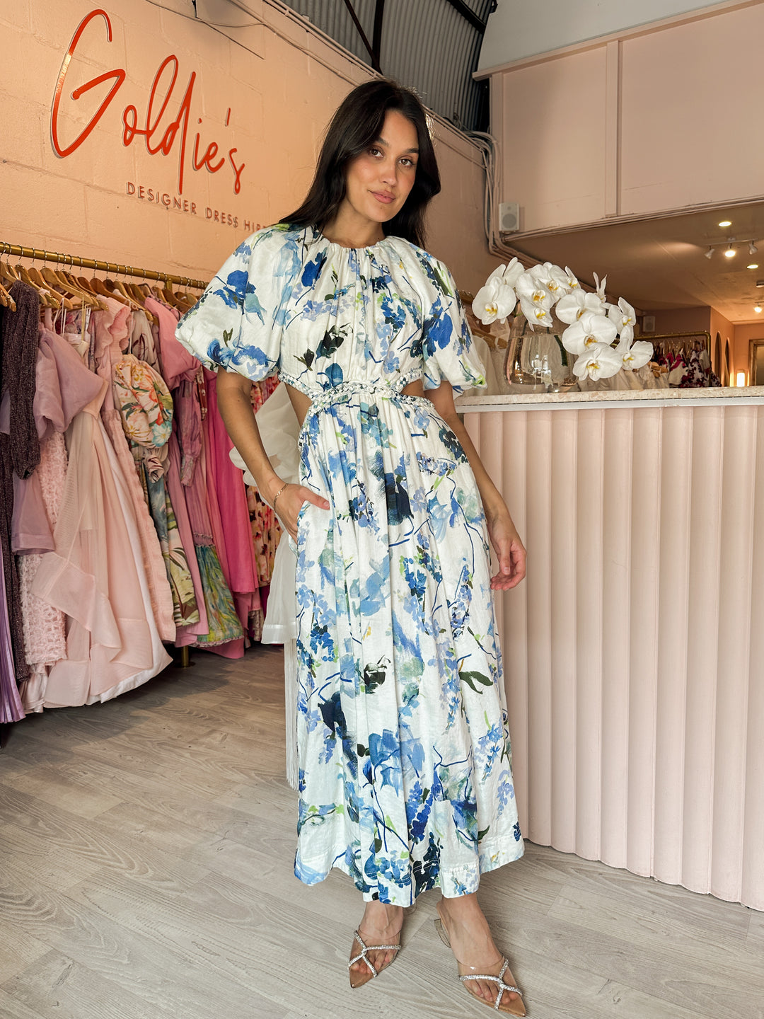 Aje - Capucine Puff Sleeve Midi Dress Blue Floral (Size 14) Goldie's - Designer Dress Hire Aje - Capucine Puff Sleeve Midi Dress Blue Floral (Size 14) Goldie's - Designer Dress Hire