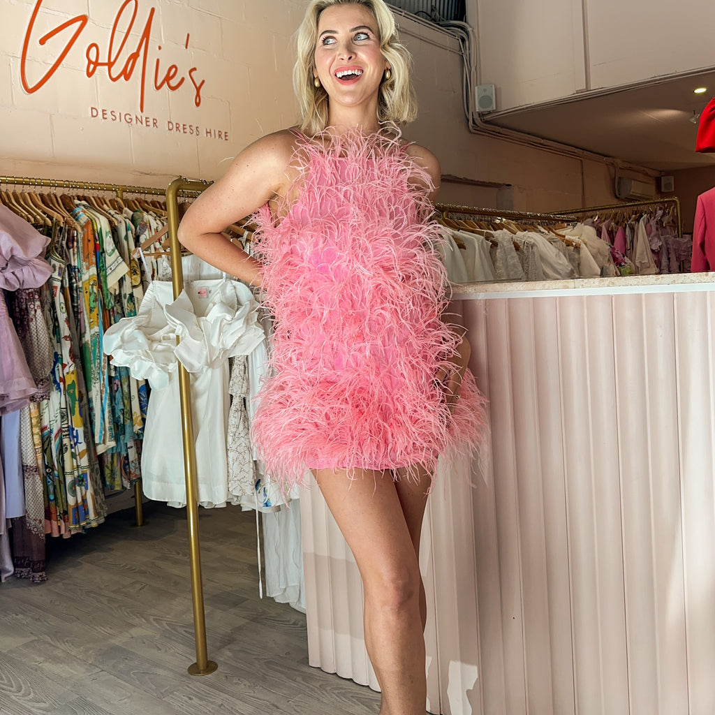 pink mini dress with feathers Cult Gaia - Shannon Feather Mini Pink (Size 8) – Goldie's