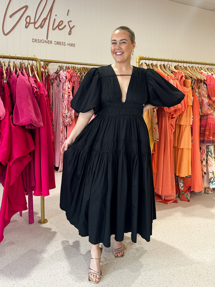 Aje - Fallingwater Gathered Midi Dress Black (Size 16)