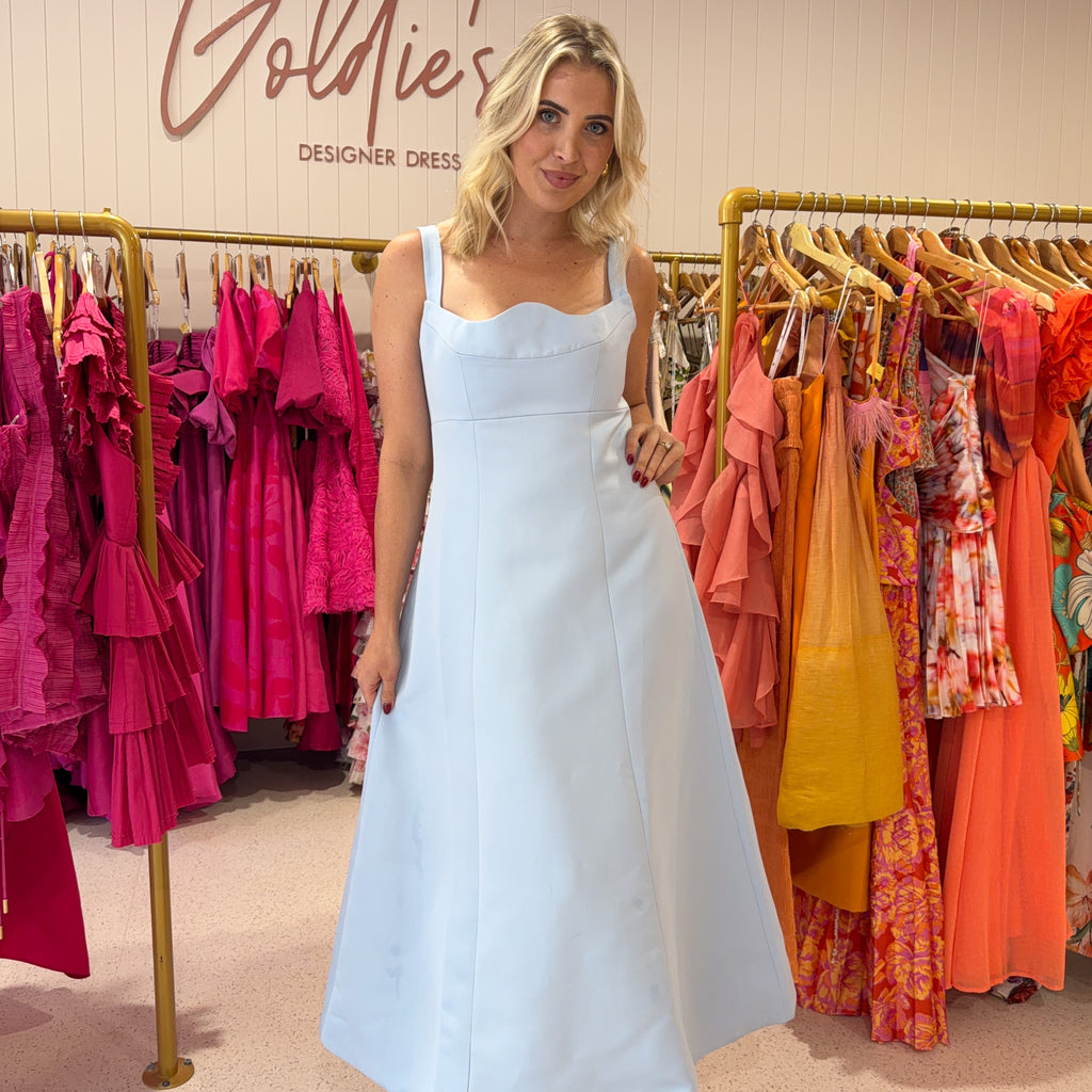 knee length dresses for ladies Odette Powder Blue Asymmetric-Neck Midi Dress With Scarf – Club L London main image 1