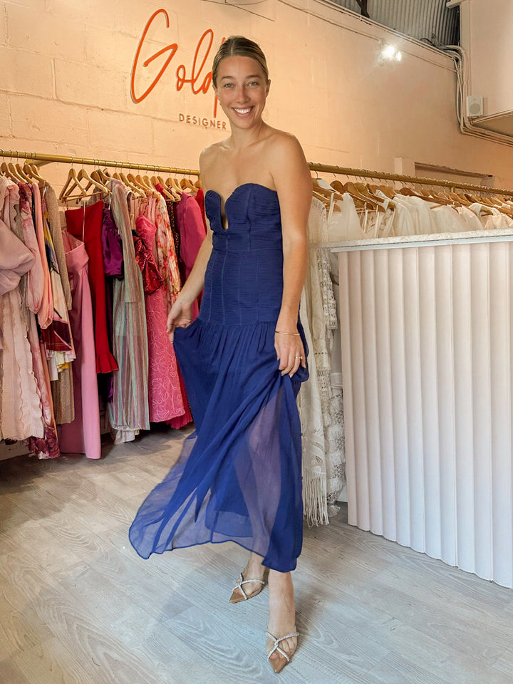 Shona Joy - Isola Ruches Strapless Midi in Tyrrhenian Blue (Size 10)