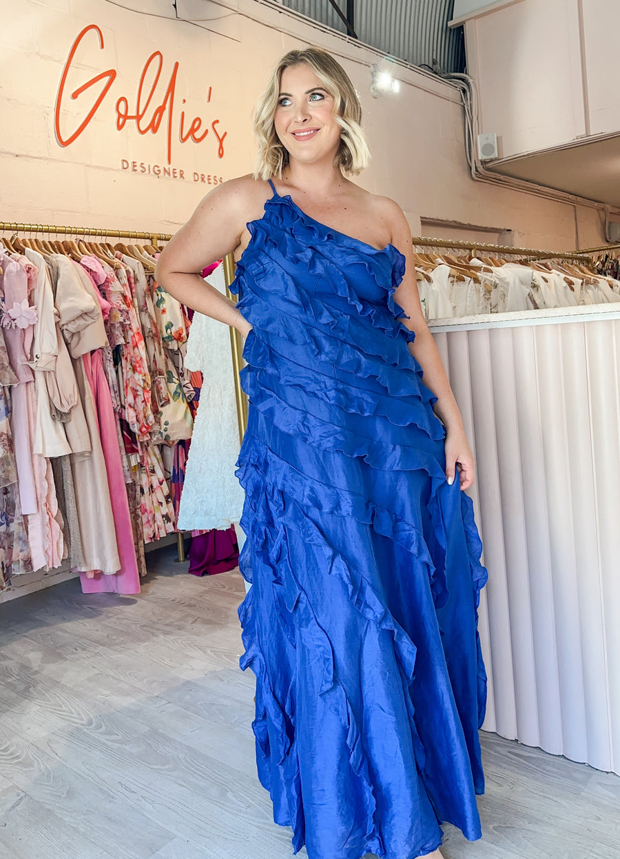 Country Road - Sapphire Ruffle Maxi Dress (Size 14) Goldie's - Designer Dress Hire Country Road - Sapphire Ruffle Maxi Dress (Size 14) Goldie's - Designer Dress Hire
