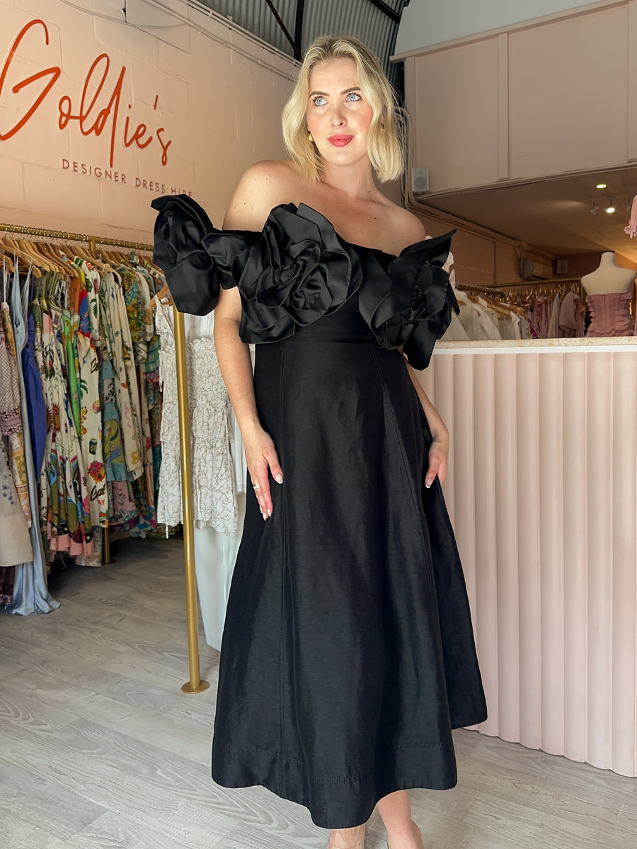 aje black midi dress Etta appliqud off-the-shoulder linen-blend midi dress - black