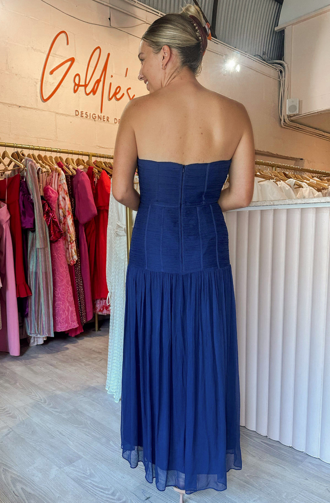 Shona Joy - Isola Ruches Strapless Midi in Tyrrhenian Blue (Size 10) Goldie's - Designer Dress Hire Shona Joy - Isola Ruches Strapless Midi in Tyrrhenian Blue (Size 10) Goldie's - Designer Dress Hire