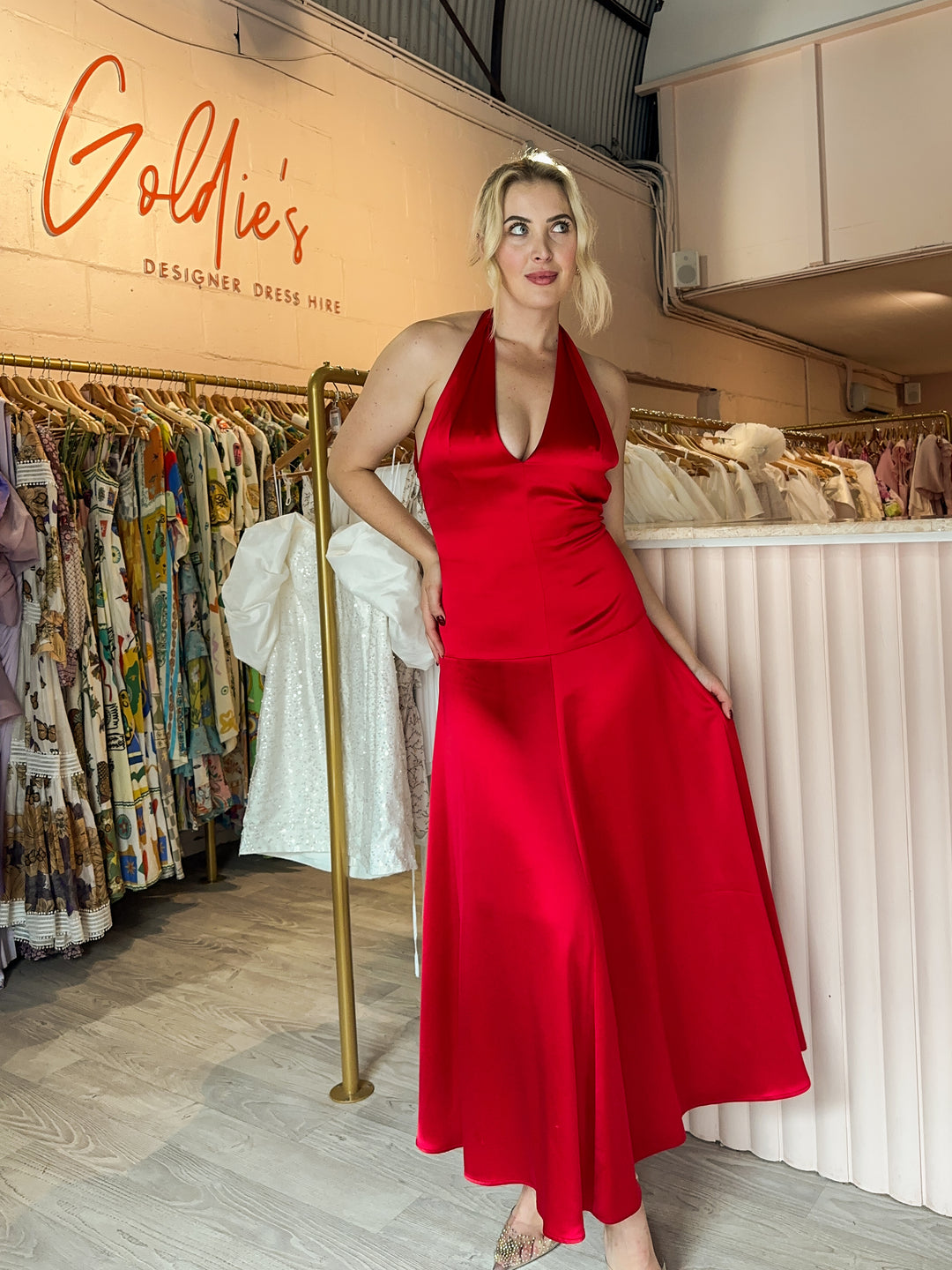 Shona Joy - Savanna Halter Open Back Maxi Dress Chilli (Size 8) Goldie's - Designer Dress Hire Shona Joy - Savanna Halter Open Back Maxi Dress Chilli (Size 8) Goldie's - Designer Dress Hire