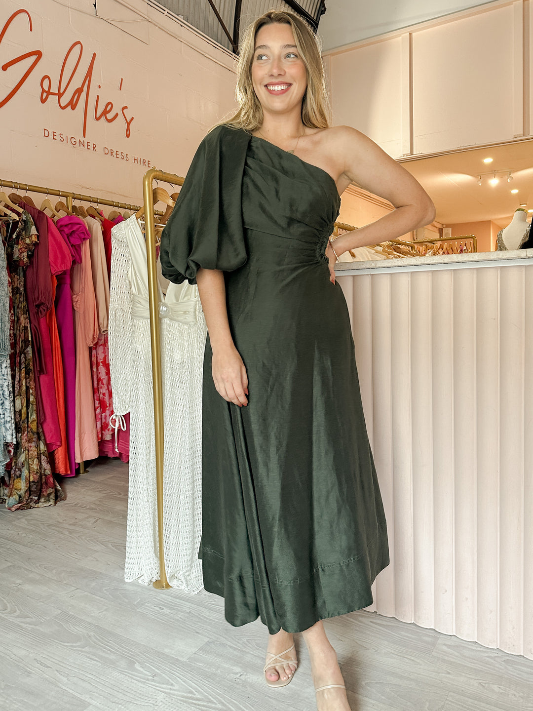 aje concept dress green Aje. Concept Asymmetric Cutout Silk-linen Maxi Dress in Green