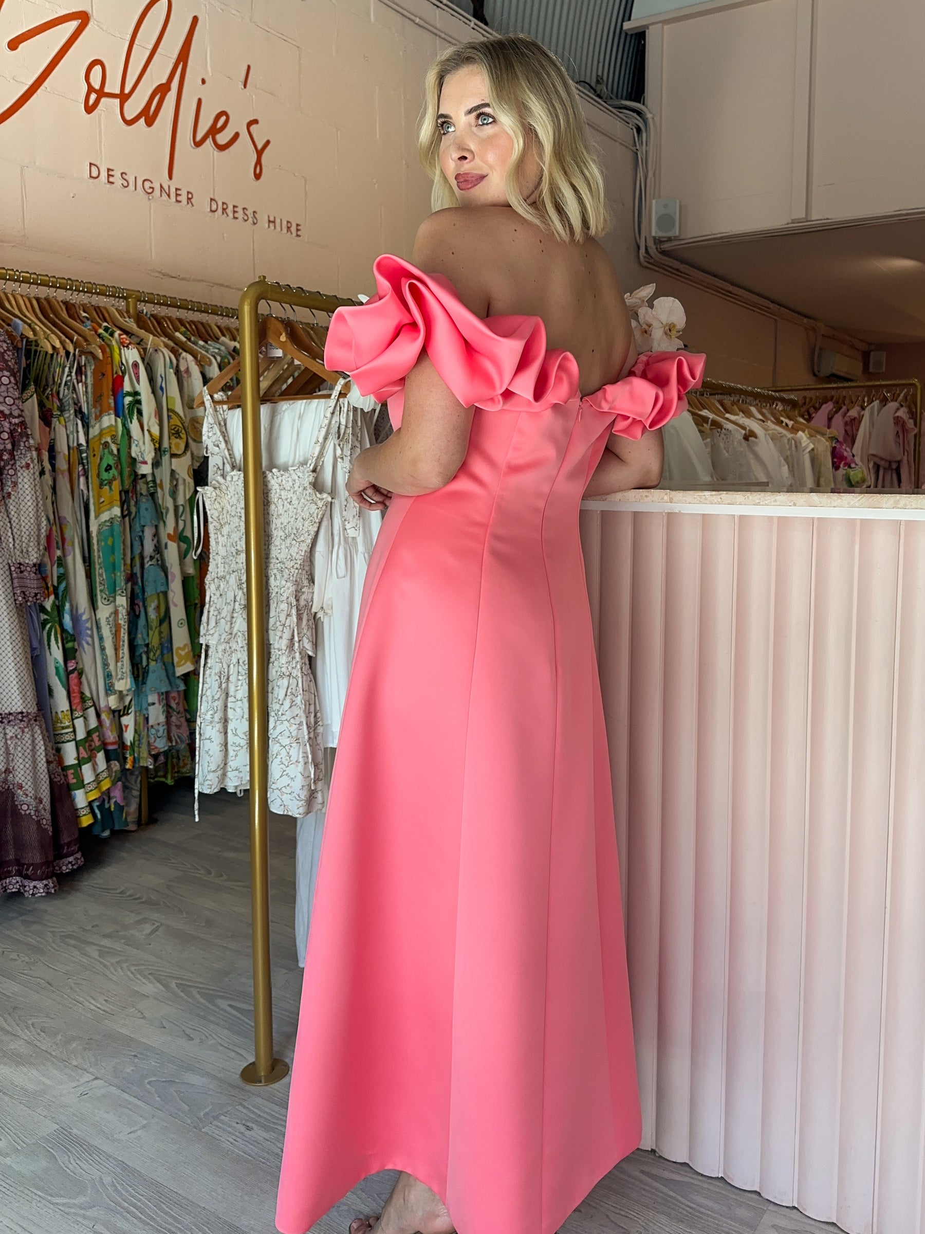 Leo Lin - Annie Off Shoulder Midi Dress Strawberry Pink (Size 14) Leo Lin - Annie Off Shoulder Midi Dress Strawberry Pink (Size 14)