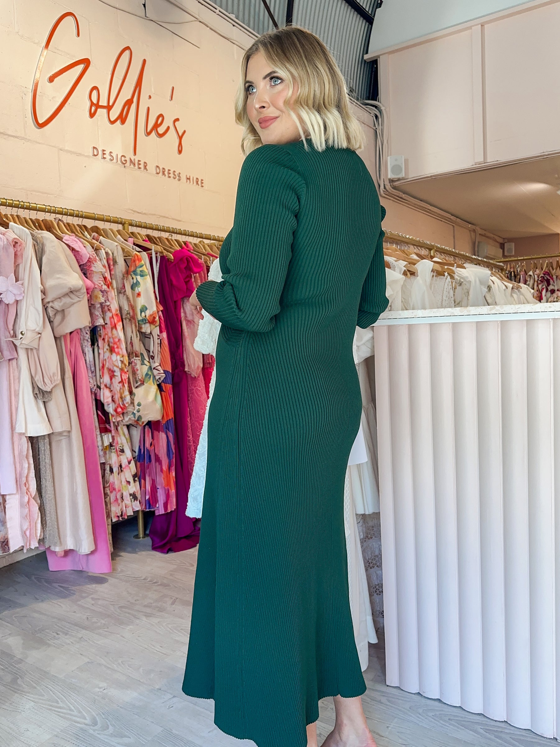 Aje - Crescent Knit Midi Dress Green (Size XL) Goldie's - Designer Dress Hire Aje - Crescent Knit Midi Dress Green (Size XL) Goldie's - Designer Dress Hire