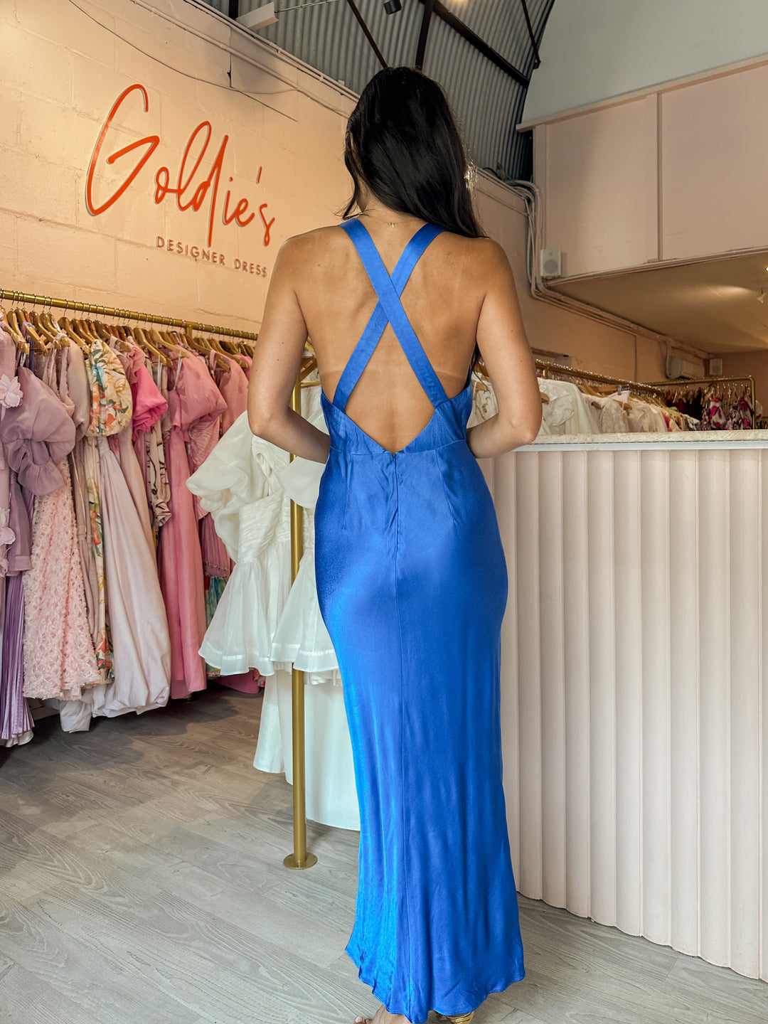 Shona Joy - Oliviera Plunge Cross Back Midi Blue (Size 8)