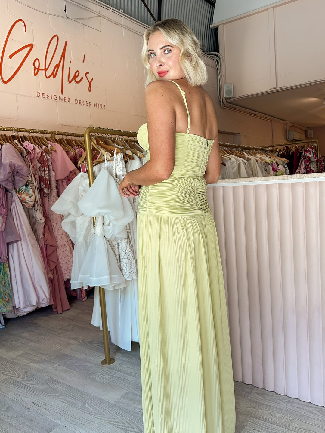 Manning Cartell - Double Time Pleated Dress Lime (Size 10) Goldie's - Designer Dress Hire Manning Cartell - Double Time Pleated Dress Lime (Size 10) Goldie's - Designer Dress Hire