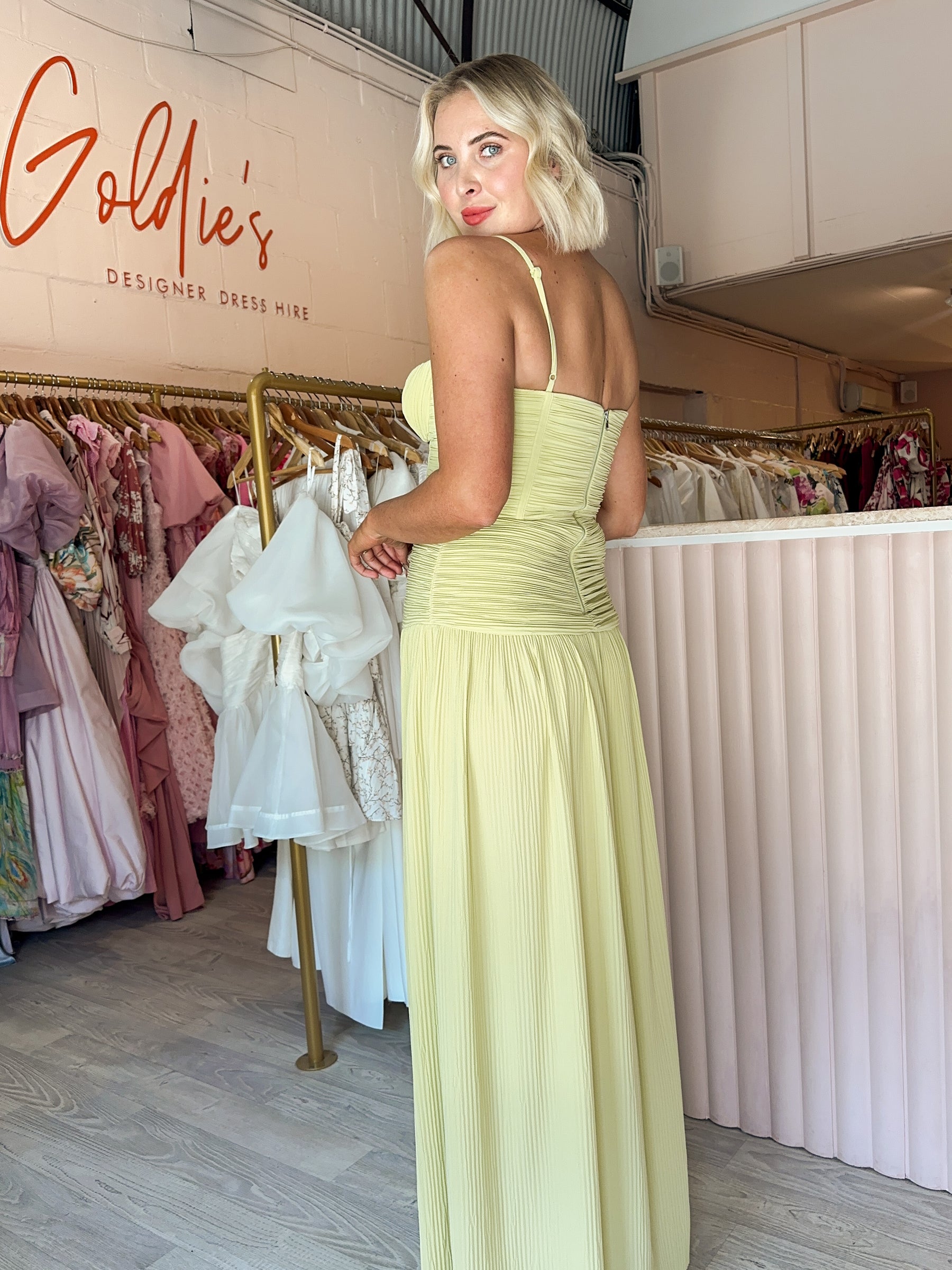 Manning Cartell - Double Time Pleated Dress Lime (Size 10) Goldie's - Designer Dress Hire Manning Cartell - Double Time Pleated Dress Lime (Size 10) Goldie's - Designer Dress Hire