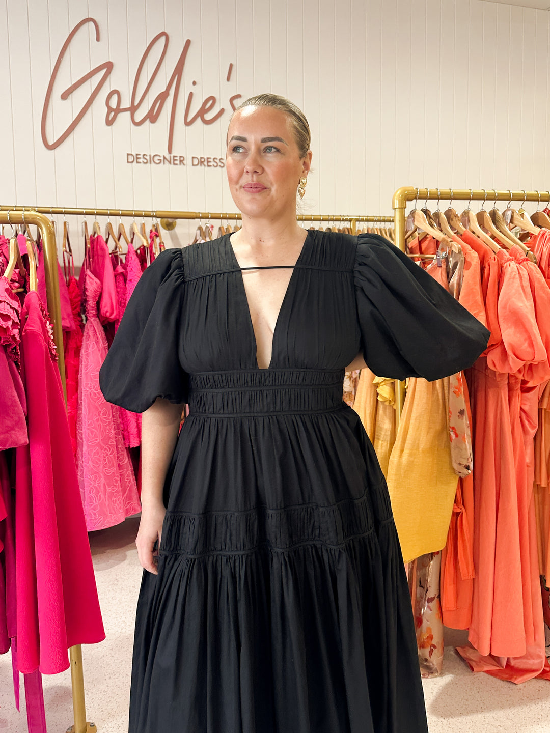 Aje - Fallingwater Gathered Midi Dress Black (Size 16) Aje - Fallingwater Gathered Midi Dress Black (Size 16)