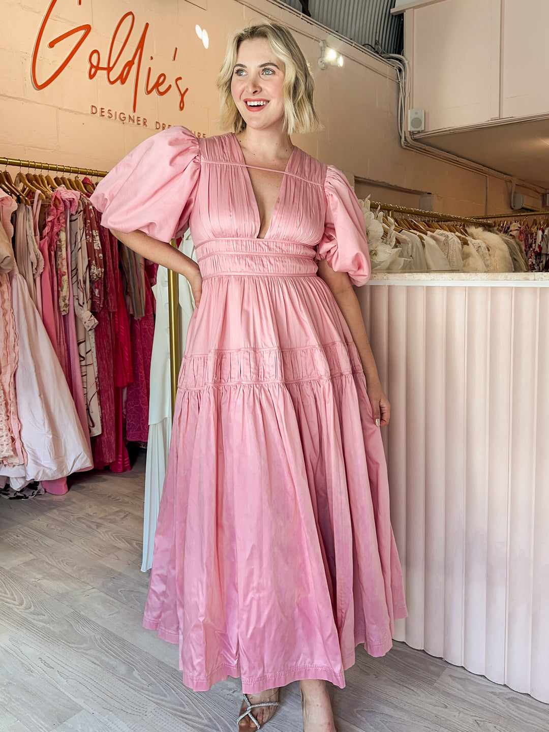 Aje - Fallingwater Gathered Midi Dress Pink (Size 12) Aje - Fallingwater Gathered Midi Dress Pink (Size 12)