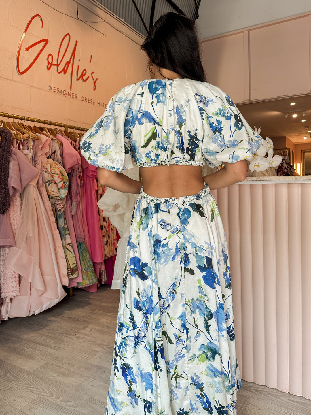 Aje - Capucine Puff Sleeve Midi Dress Blue Floral (Size 14) Aje - Capucine Puff Sleeve Midi Dress Blue Floral (Size 14)