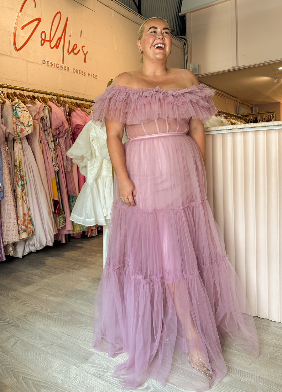 BCBGMAXAZRIA - Off Shoulder Tiered Gown Lavender Herb (Size 16) BCBGMAXAZRIA - Off Shoulder Tiered Gown Lavender Herb (Size 16)