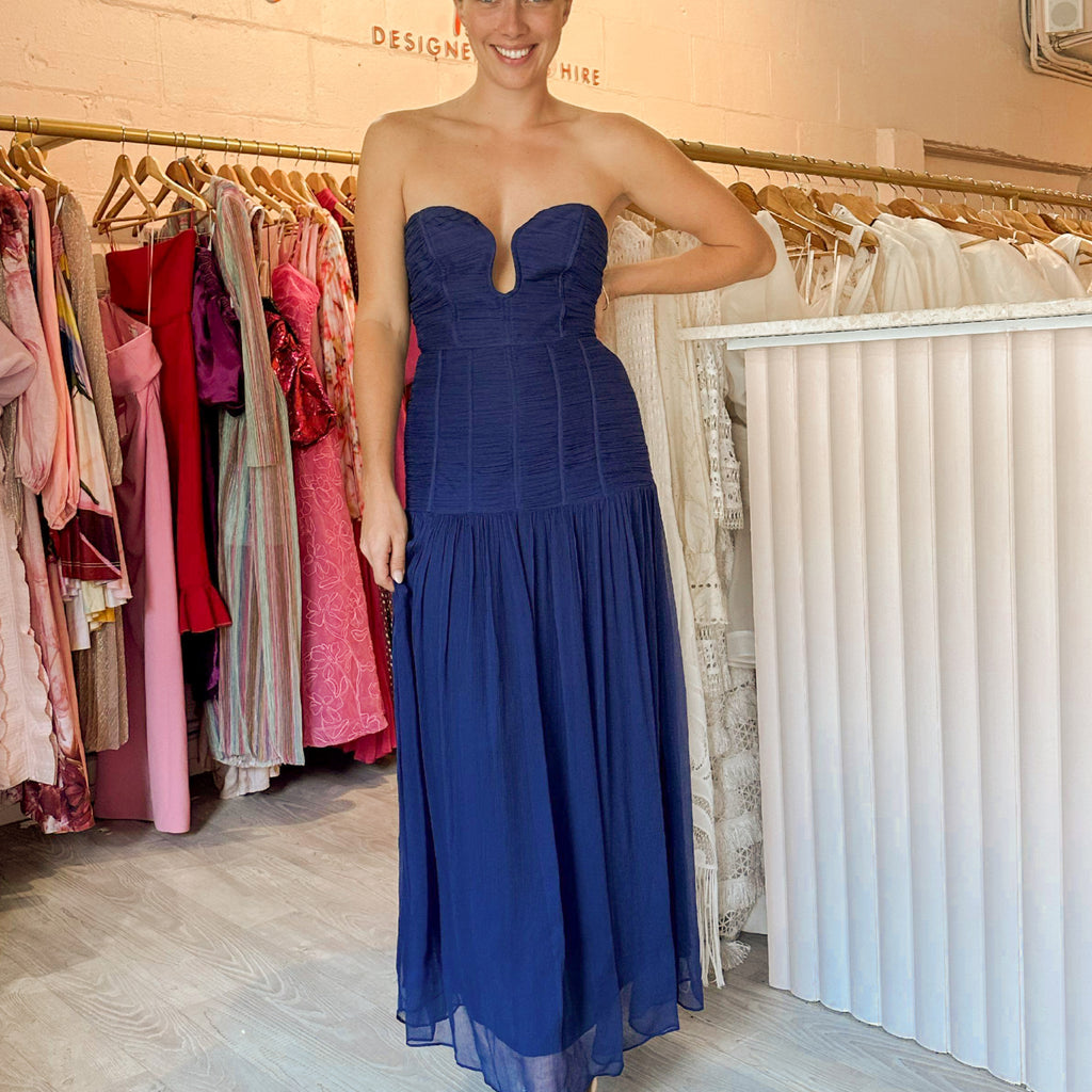 Shona Joy - Isola Ruches Strapless Midi in Tyrrhenian Blue (Size 10)   Goldie's - Designer Dress Hire