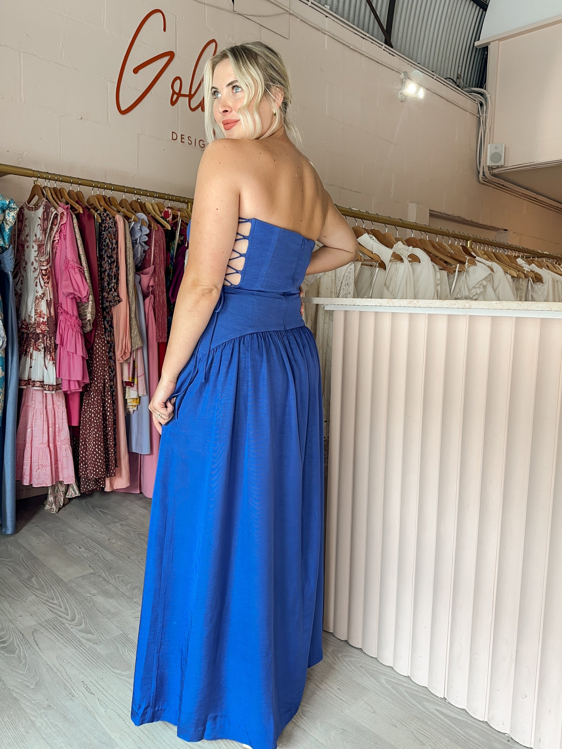 Shona Joy - Vento Lace Up Strapless Maxi Cobalt (Size 12) Shona Joy - Vento Lace Up Strapless Maxi Cobalt (Size 12)