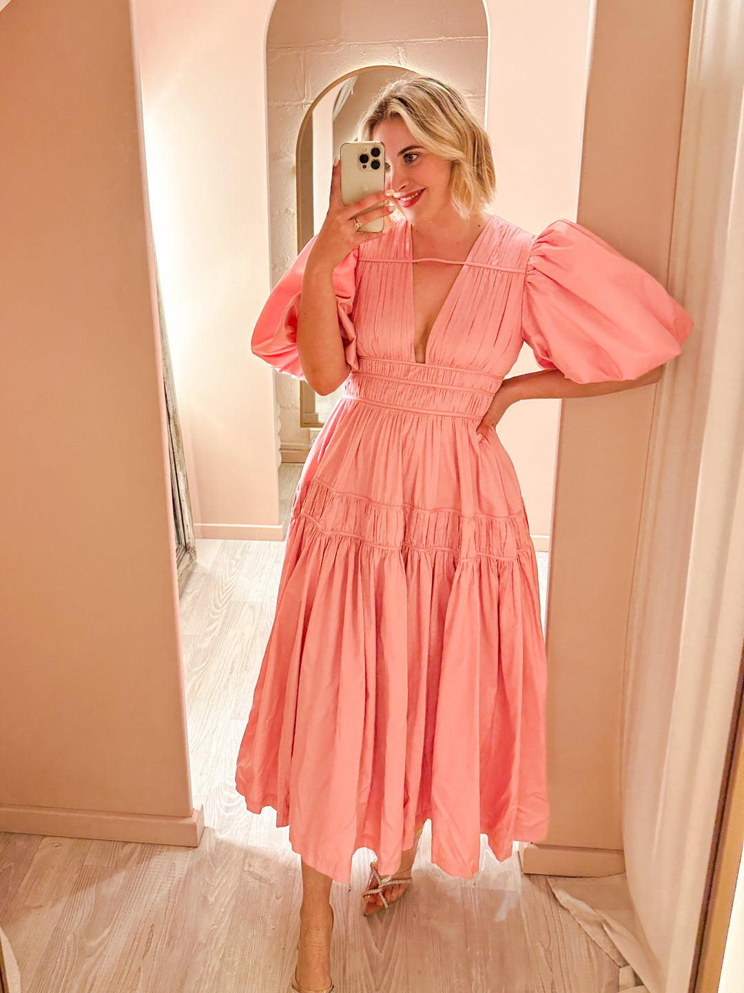Aje - Fallingwater Gathered Midi Dress Pink (Size 12) Aje - Fallingwater Gathered Midi Dress Pink (Size 12)