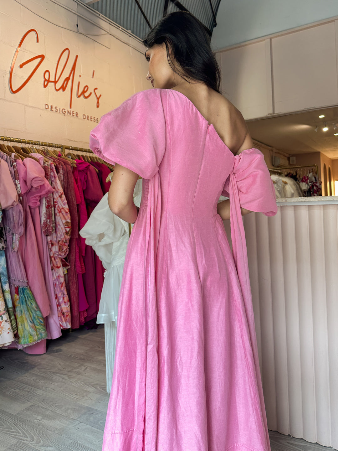 Aje - Arista Tulip Midi Dress Baby Pink (Size 8-10)