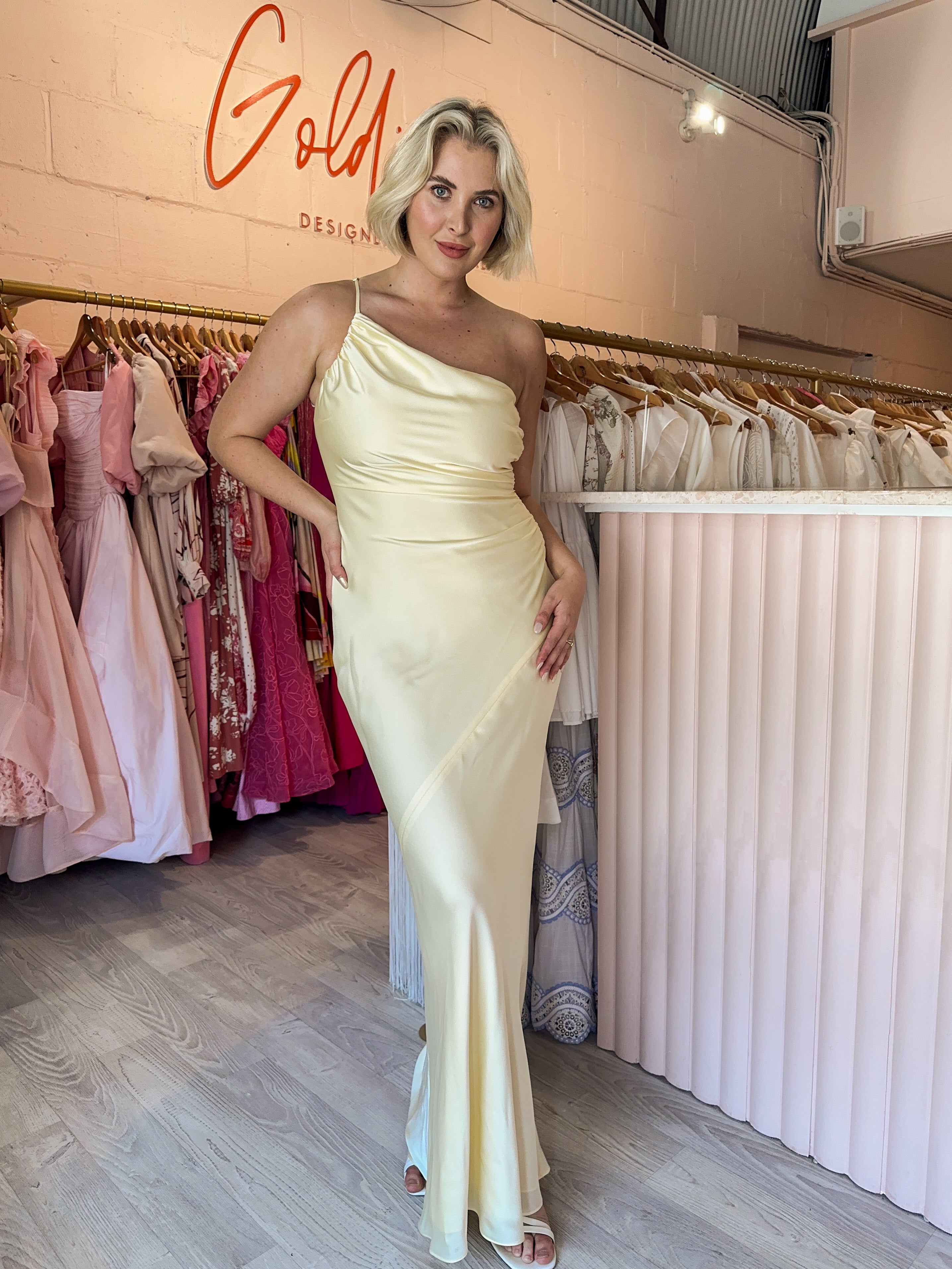 Shona Joy - Luxe Asymmetrical Gathered Maxi Dress Lemon (Size 12