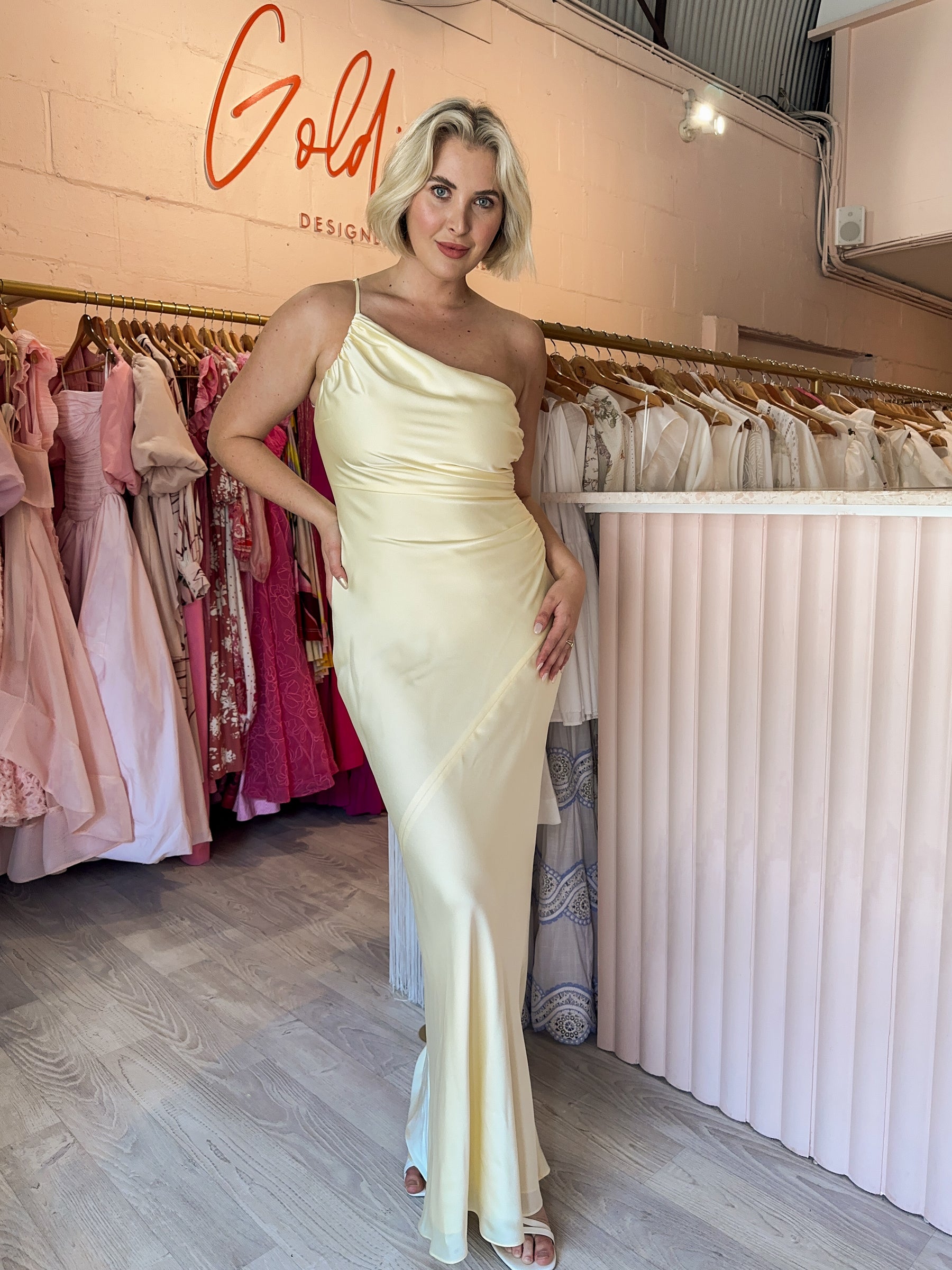 Shona Joy - Luxe Asymmetrical Gathered Maxi Dress Lemon (Size 12) Shona Joy - Luxe Asymmetrical Gathered Maxi Dress Lemon (Size 12)