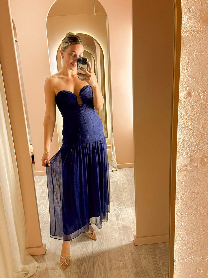 Shona Joy - Isola Ruches Strapless Midi in Tyrrhenian Blue (Size 10)