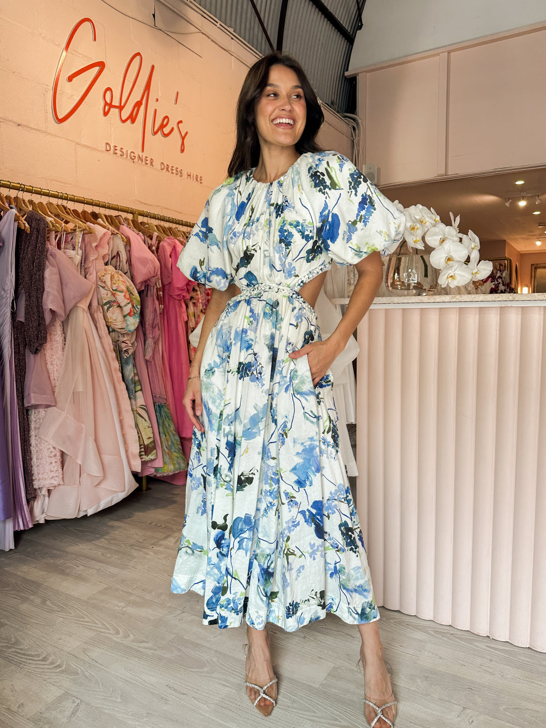 Aje - Capucine Puff Sleeve Midi Dress Blue Floral (Size 8-10)