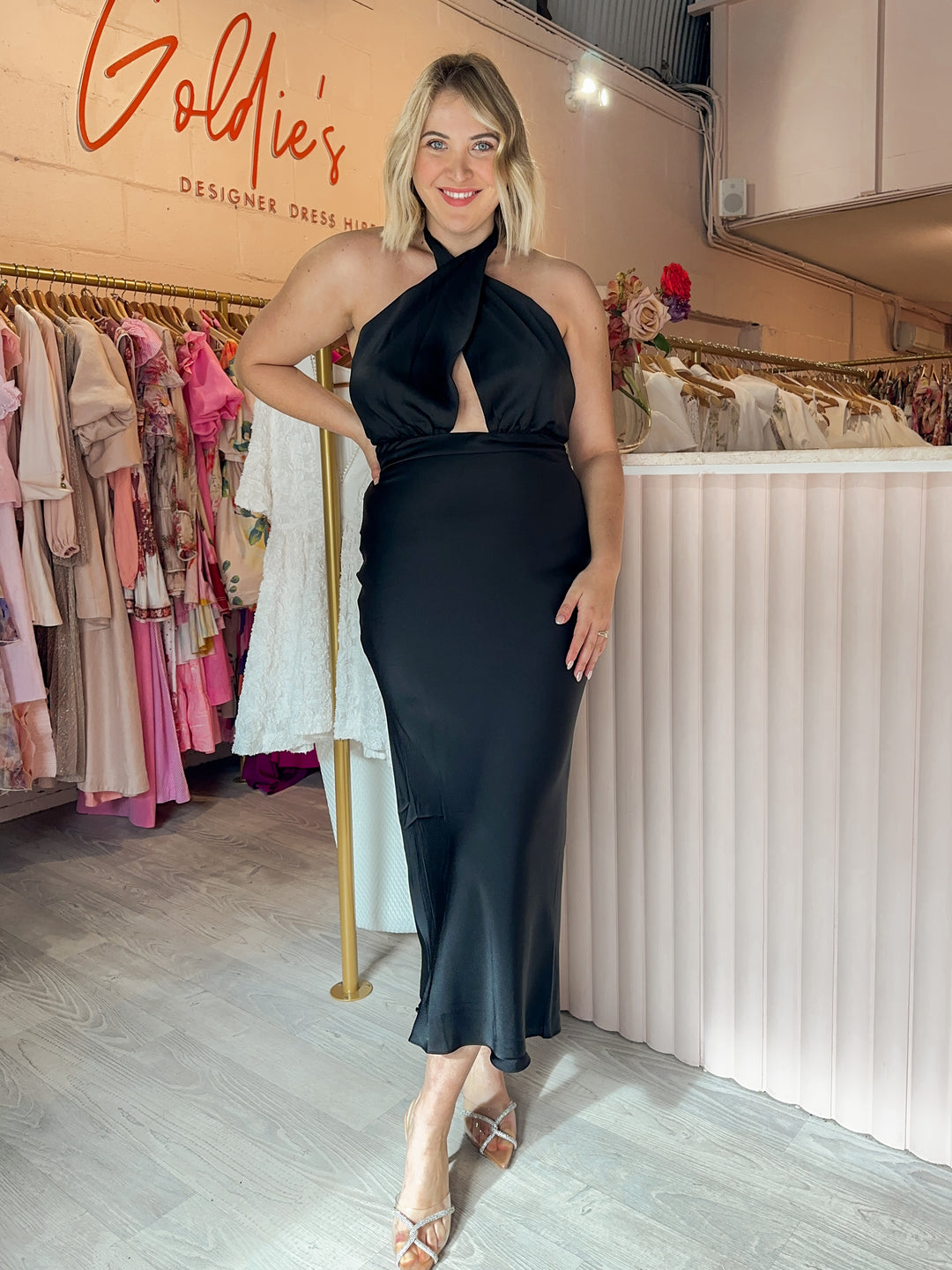 Shona Joy - Cross Front Halter Midi Onyx (Size 8-12) Shona Joy - Cross Front Halter Midi Onyx (Size 8-12)