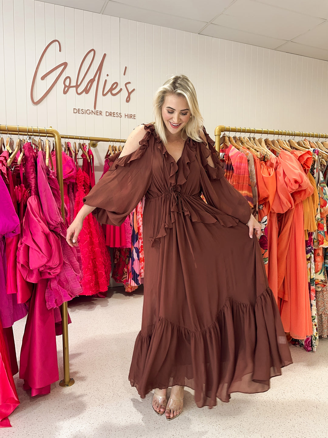 Shona Joy - Blair Ruffle Drawstring Maxi Dress Cocoa (Size 18)