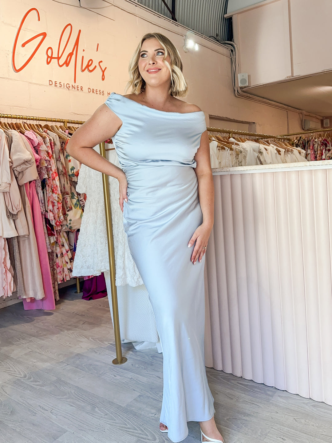 Bec and Bridge - Eternity Off Shoulder Maxi Dusty Blue (Size 14) Goldie's - Designer Dress Hire Bec and Bridge - Eternity Off Shoulder Maxi Dusty Blue (Size 14) Goldie's - Designer Dress Hire