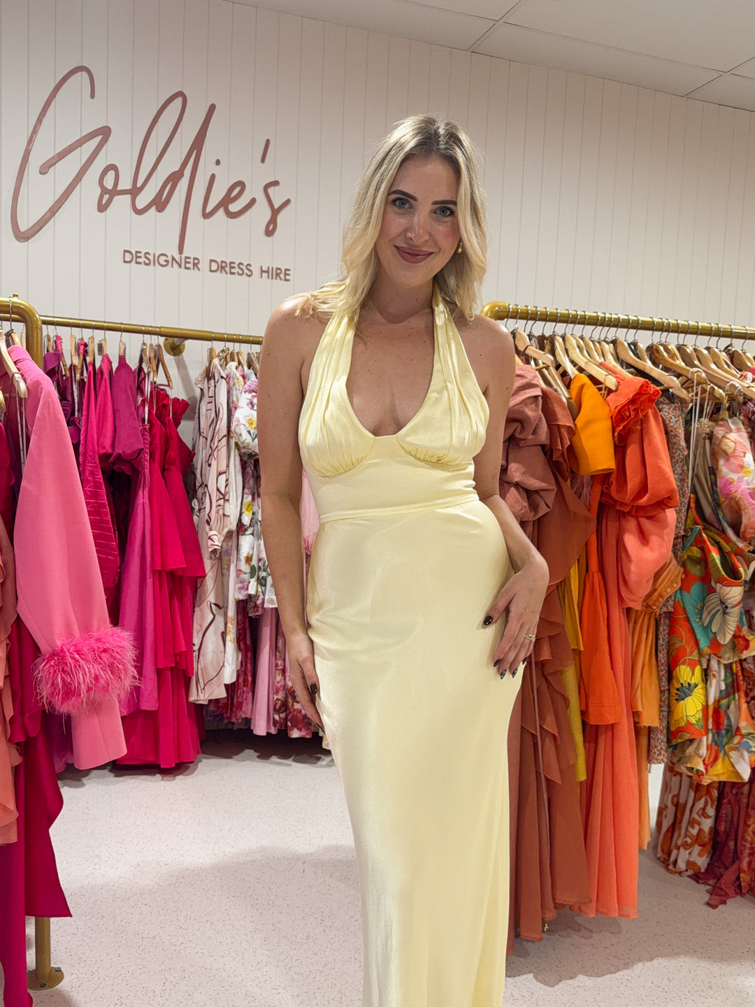Shona Joy - La Lune Plunged Halter Midi Lemon (Size 8)