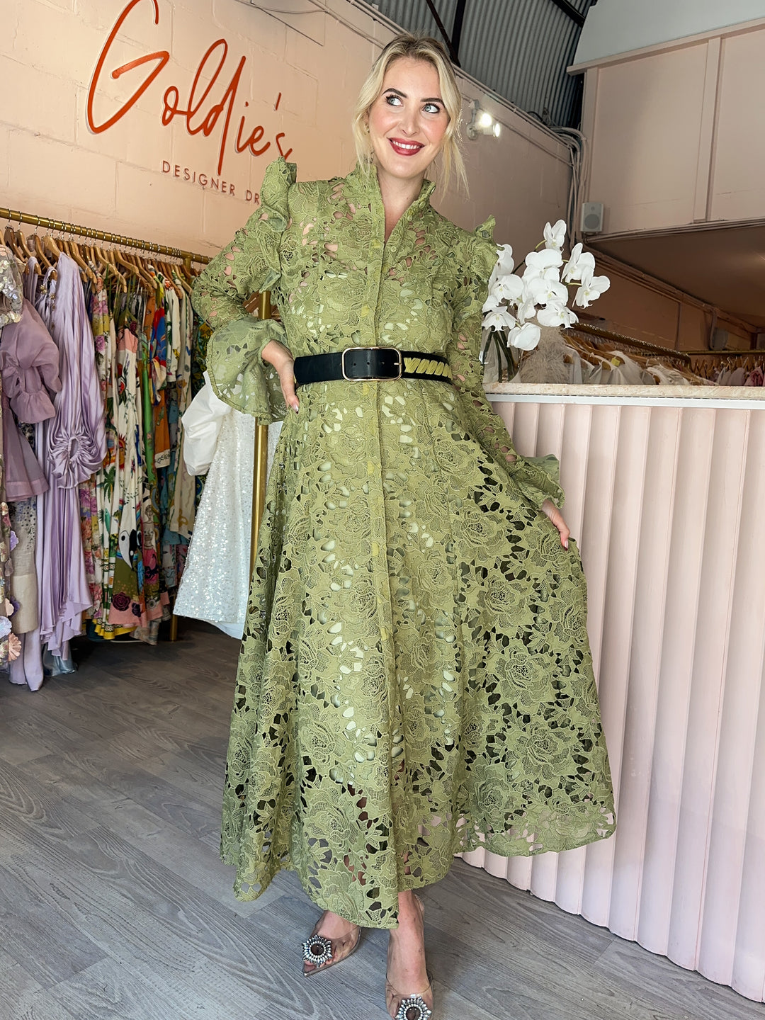 Leo and Lin - Aliayah Lace Butterfly Sleeve Midi Dress Olive (Size 14 ...