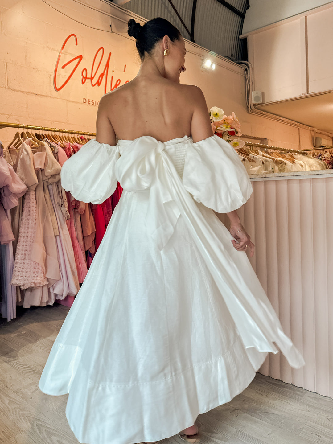 aje white midi dress Aje Ether puff-sleeve Topstitched Midi Dress | Neutrals