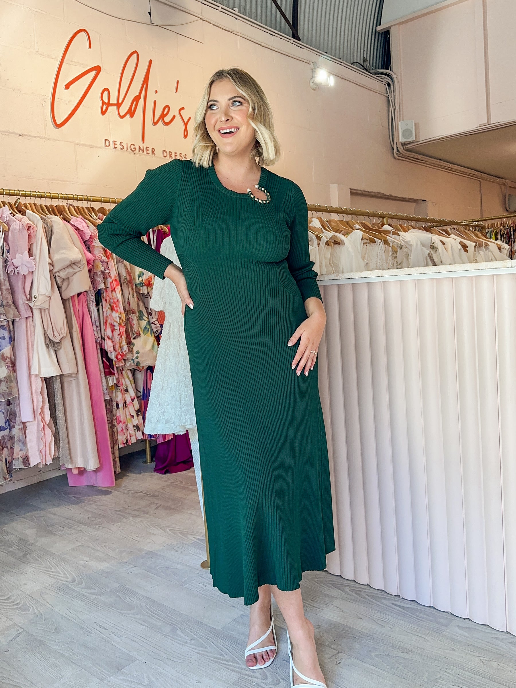 Aje - Crescent Knit Midi Dress Green (Size XL) Goldie's - Designer Dress Hire Aje - Crescent Knit Midi Dress Green (Size XL) Goldie's - Designer Dress Hire