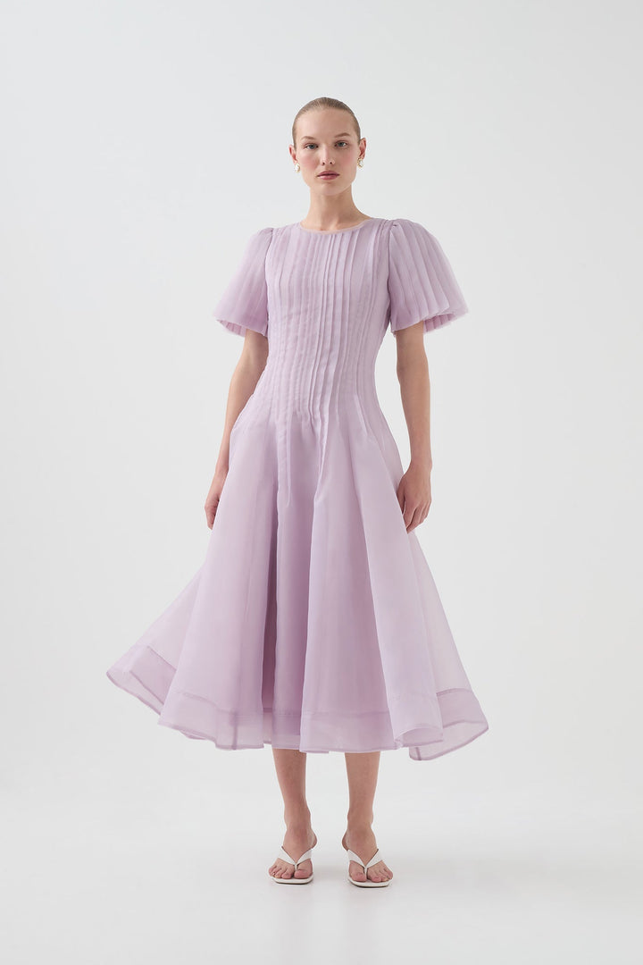 Aje - Nova Pleated Midi Dress Lilac (Size 16)
