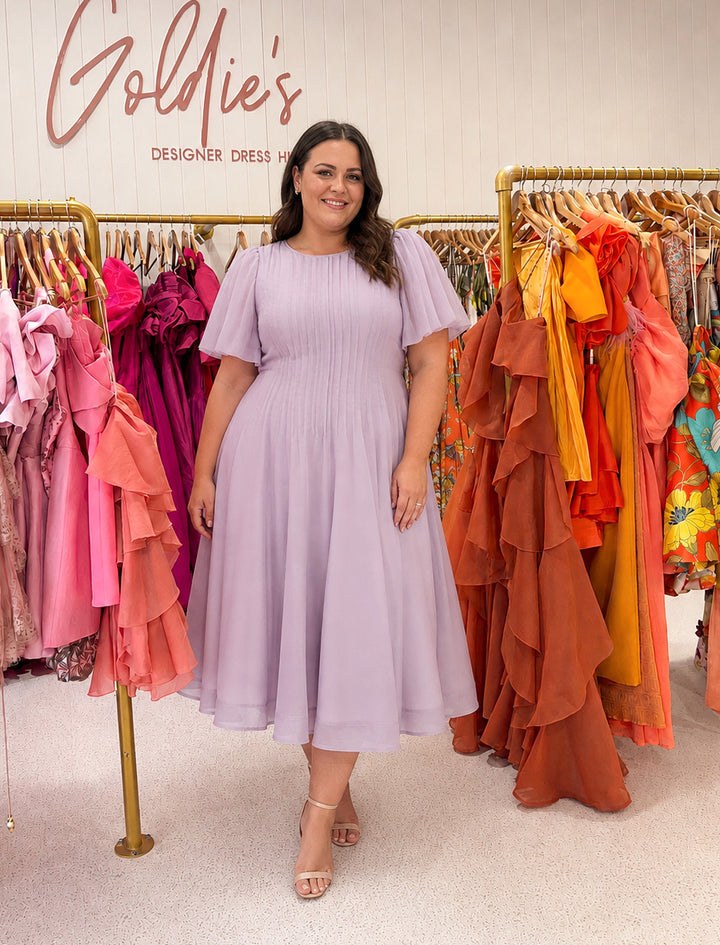 Aje - Nova Pleated Midi Dress Lilac (Size 16)