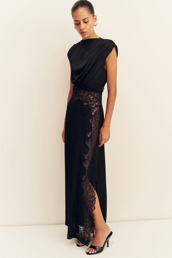 Shona Joy - Eniko Lace Gathered Maxi Dress Black (Size 8)