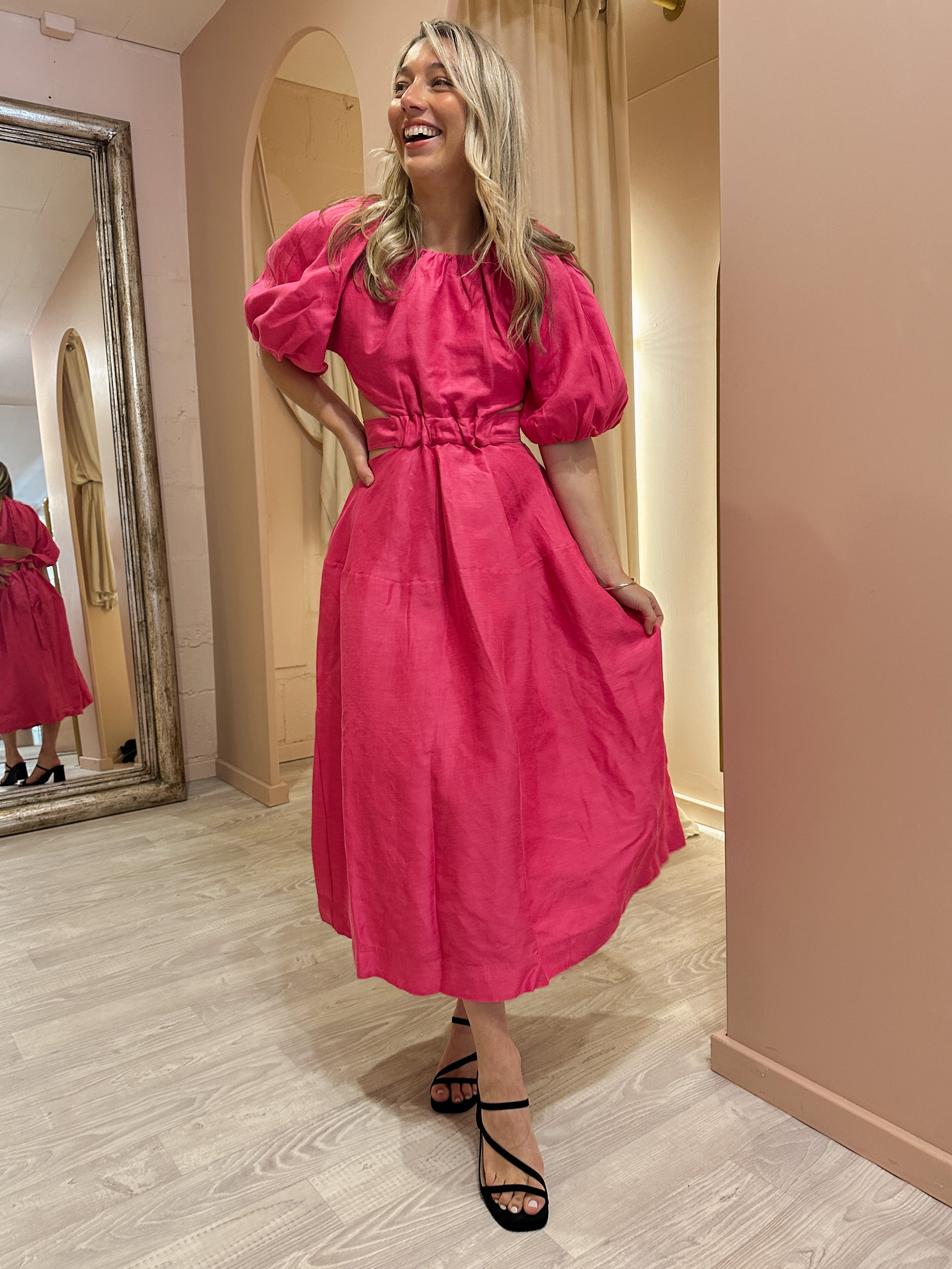 Aje - Mimosa Cut Out Midi Hot Pink (Size 8) Goldie's - Designer Dress Hire Aje - Mimosa Cut Out Midi Hot Pink (Size 8) Goldie's - Designer Dress Hire