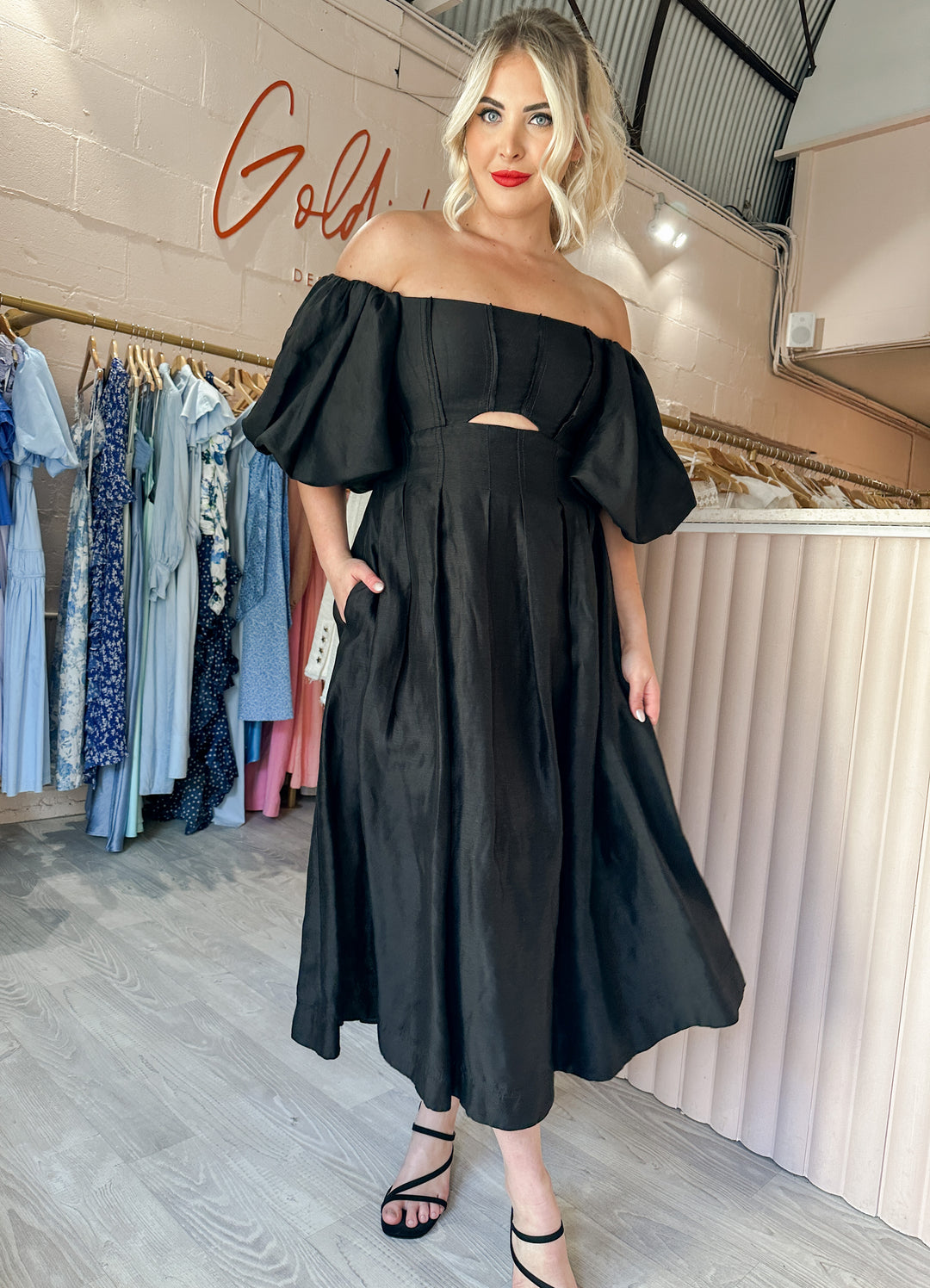 Aje - Eugenie Midi Black (Size 12/14) Goldie's - Designer Dress Hire Aje - Eugenie Midi Black (Size 12/14) Goldie's - Designer Dress Hire